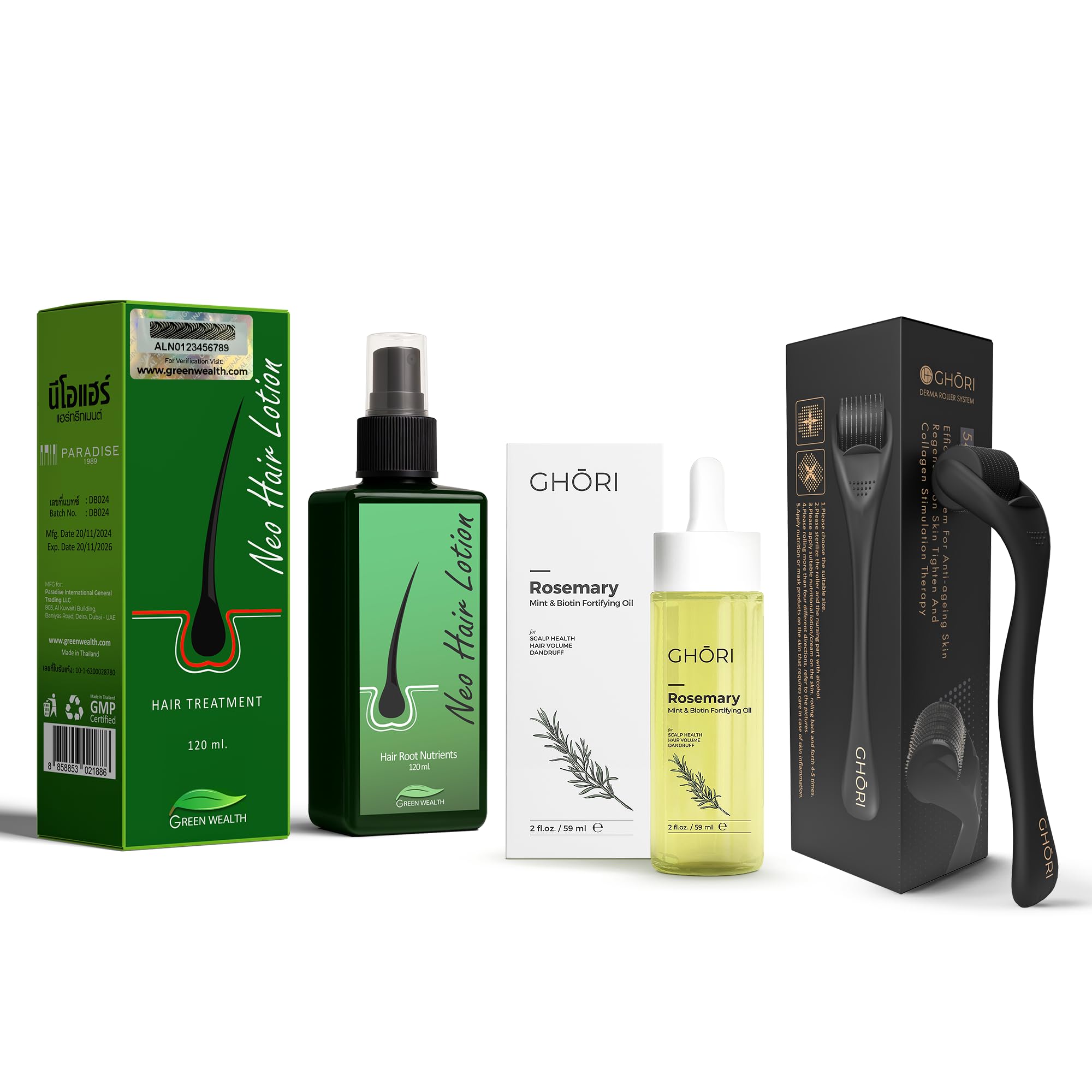 GHORI Green Wealth Neo Hair Lotion 120 ml With Rosemary Mint & Biotin Oil & Derma Roller With 540 Titanium Microneedles For Hair Regrowth Treatment (.50MM, Neo Hair Lotion & Rosemary Oil)