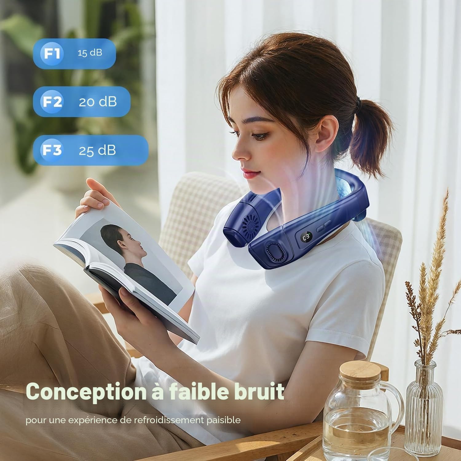 Ventilador de cuello portátil con placa grande de refrigeración, ventilador pequeño aire acondicionado cuello móvil silencioso 6000mAh recargable, 360° refrescante flujo de aire trasero para oficina
