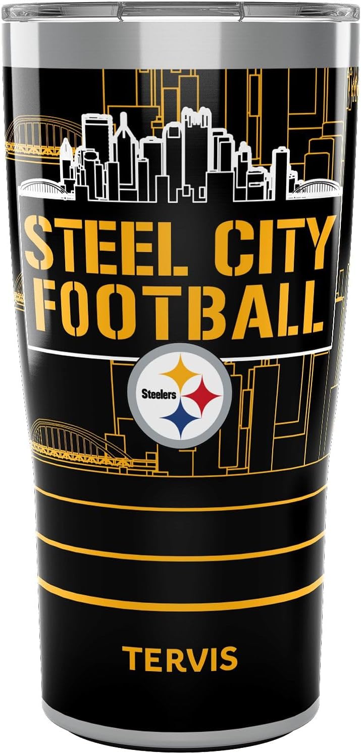 Tervis Traveler NFL Pittsburgh Steelers - Steel City Football Slogan Triple Insulated Tumbler Travel Cup Keeps Drinks Cold & Hot, 20oz, Stainless Steel