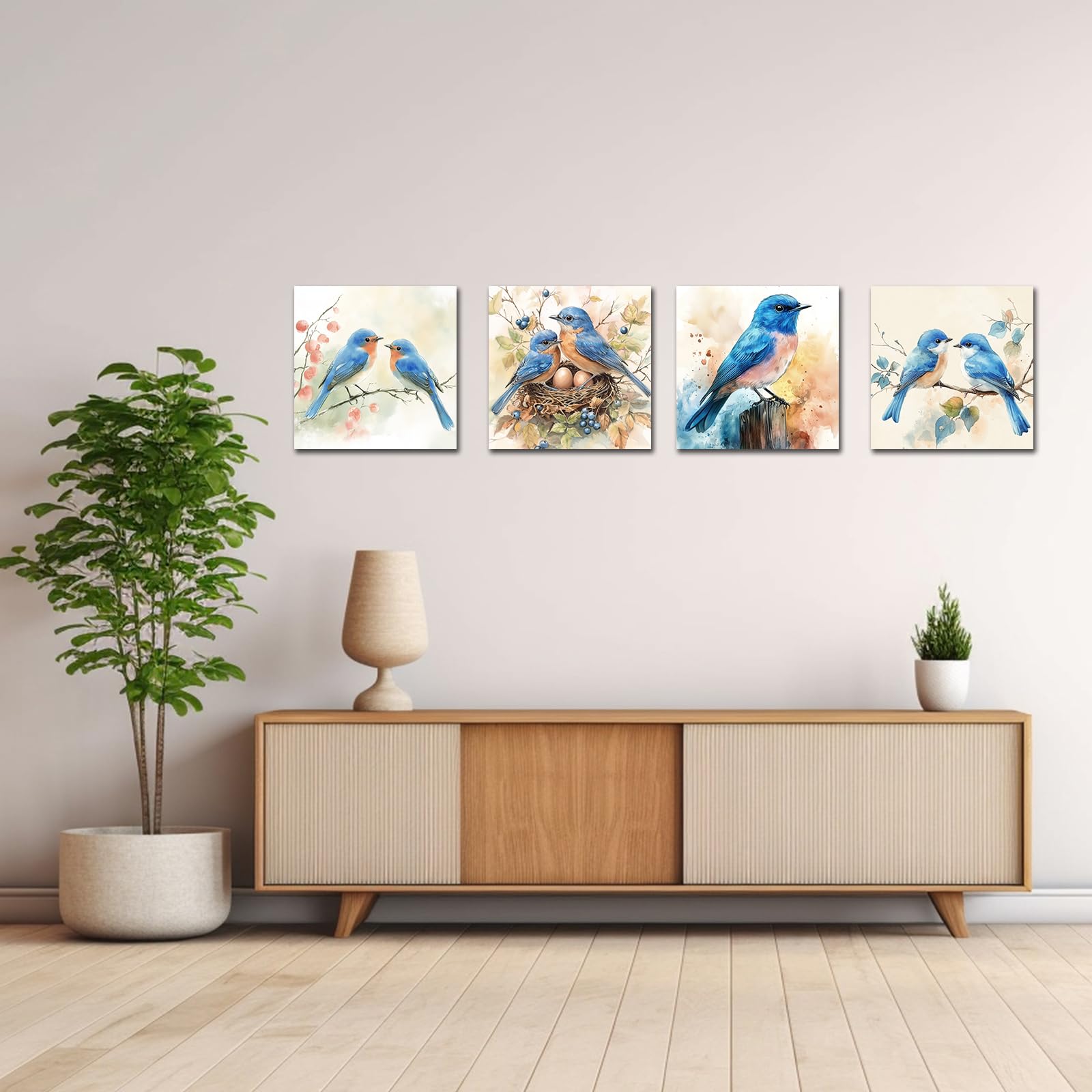 Amazon.co.jp: SWQYLB鳥キャンバスウォールアート鳥の絵4ピース木の枝