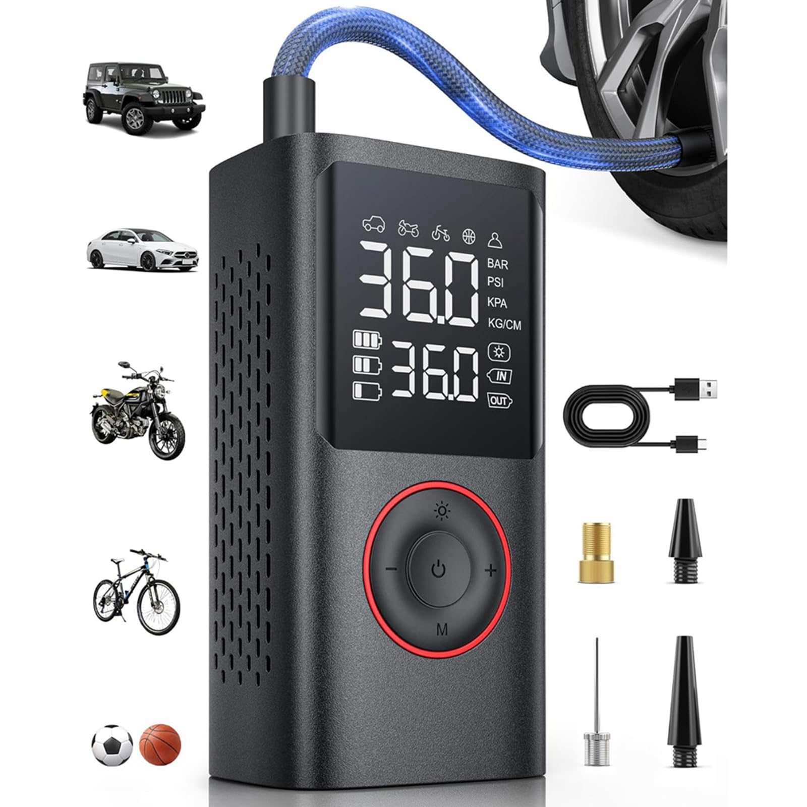 Tire Inflator Portable Air Compressor for Chevrolet Menlo 2020-2025 2026 with LED Lights&Pressure Gauge for Auto Motorcycles Bikes Balls