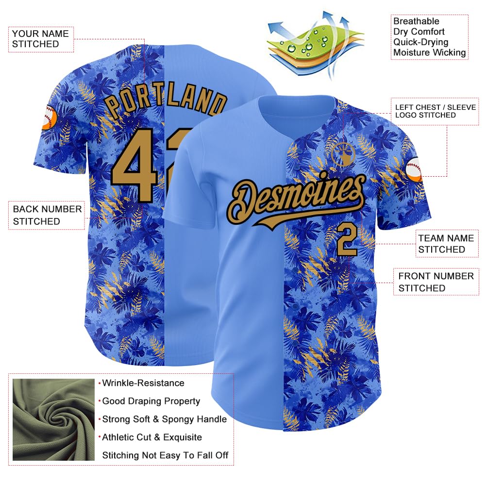 Customized Novelty Tropical Leaves Softball Jersey Blue Beach Sports Shirt Personalized Baseball Team Uniforms Stitched Name Number Design Your Casual T-Shirts for Men Women Boys Girls Family Group