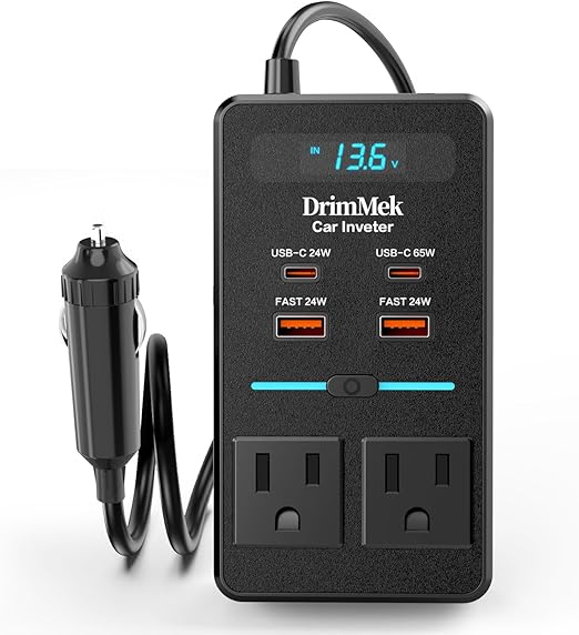 300W Car Power Inverter - Dual DC to AC Plug Adapter Outlets, 65W USB-C Fast Charging, 24W USB-C & 3.0 USB-A Ports, Portable Car Charger with Switch Control Converter for Laptops, Phones