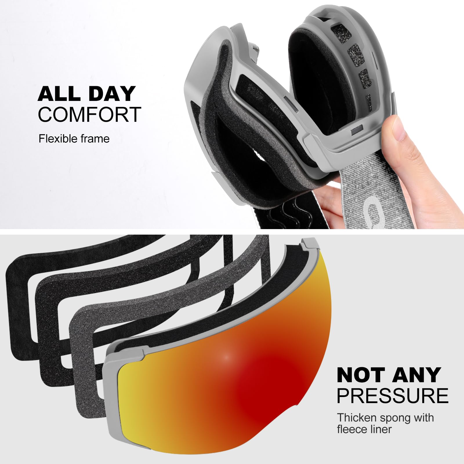 Odoland Occhiali da sci unisex per uomo e donna ragazzi occhiali da snowboard senza montatura con vetro magnetico intercambiabile protezione UV anti-nebbia occhiali da neve compatibili con casco per