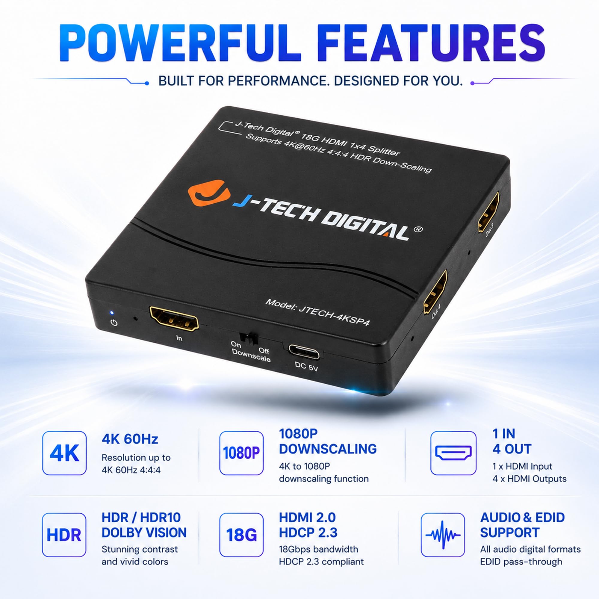 J-Tech Répartiteur HDMI 4K 60 Hz 1 x 4 Sortie multi-résolution (MRO) par J-Tech Digital HDMI 2.0 Splitter prend en charge HDR HDR10 / Dolby Vision 4K @ 60Hz 4:4 HDCP2.3 2.2 (JTECH-4KSP4)
