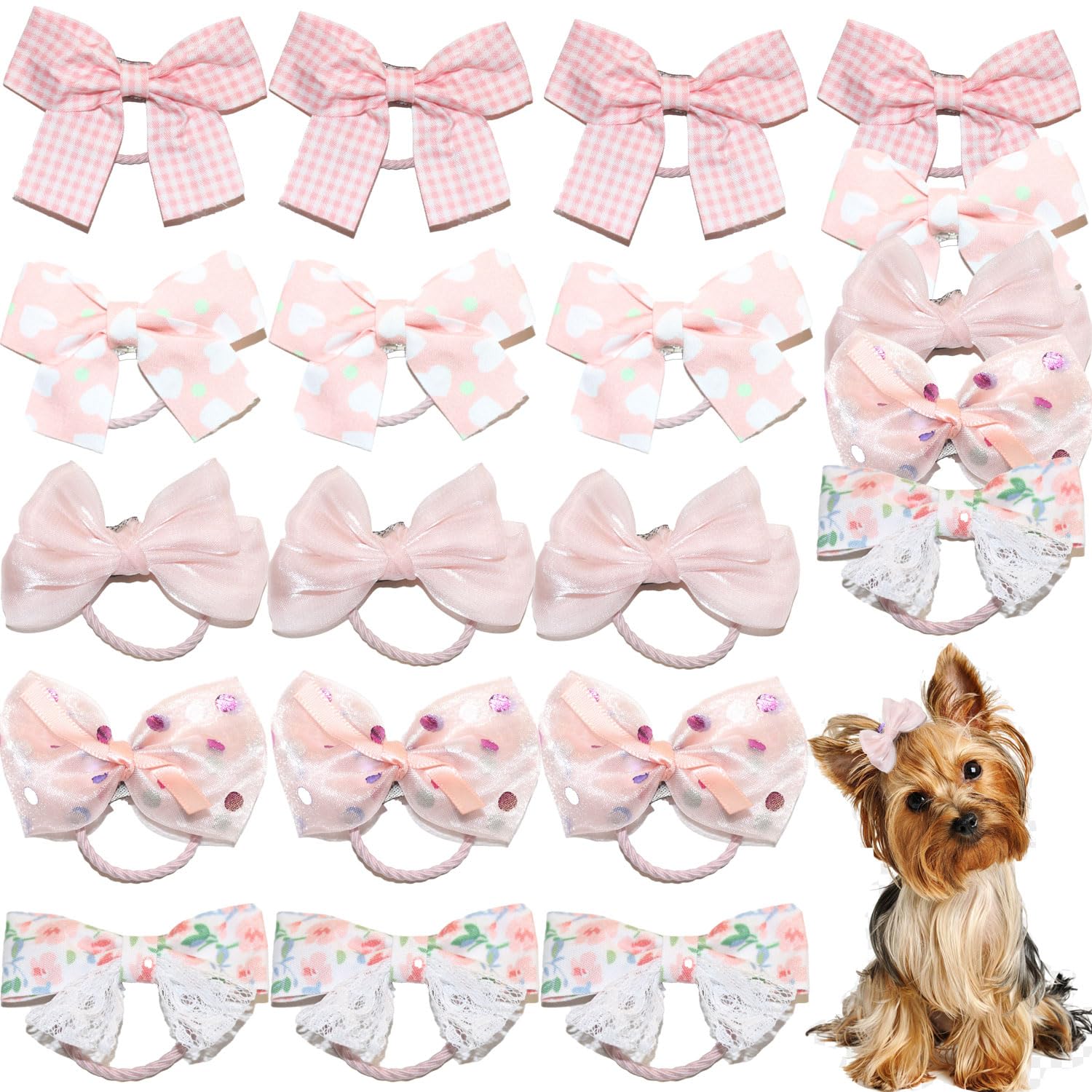 zaabaazina Dog Hair Bows, 20pcs Cute Mixed Styles, Puppy Hair Accessories, Rubber Bands, Handmade for Yorkie, Girl Dogs