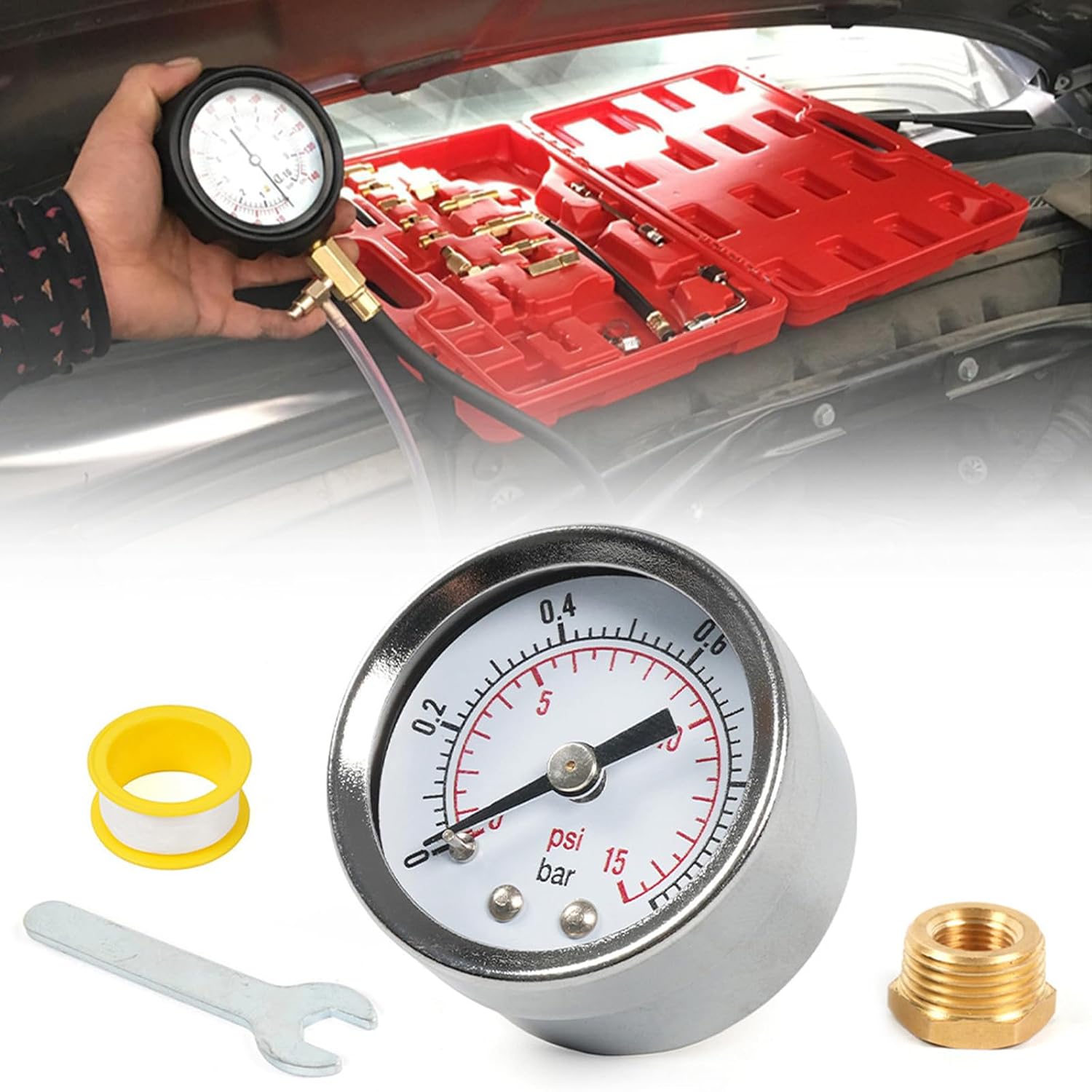 1/8 ' ' NPT Fuel Pressure Gauge Center Back Mount 0-15PSI 0-1Bar Stainless Steel Pressure Gauge and Adaptor Kit Adaptor Kit