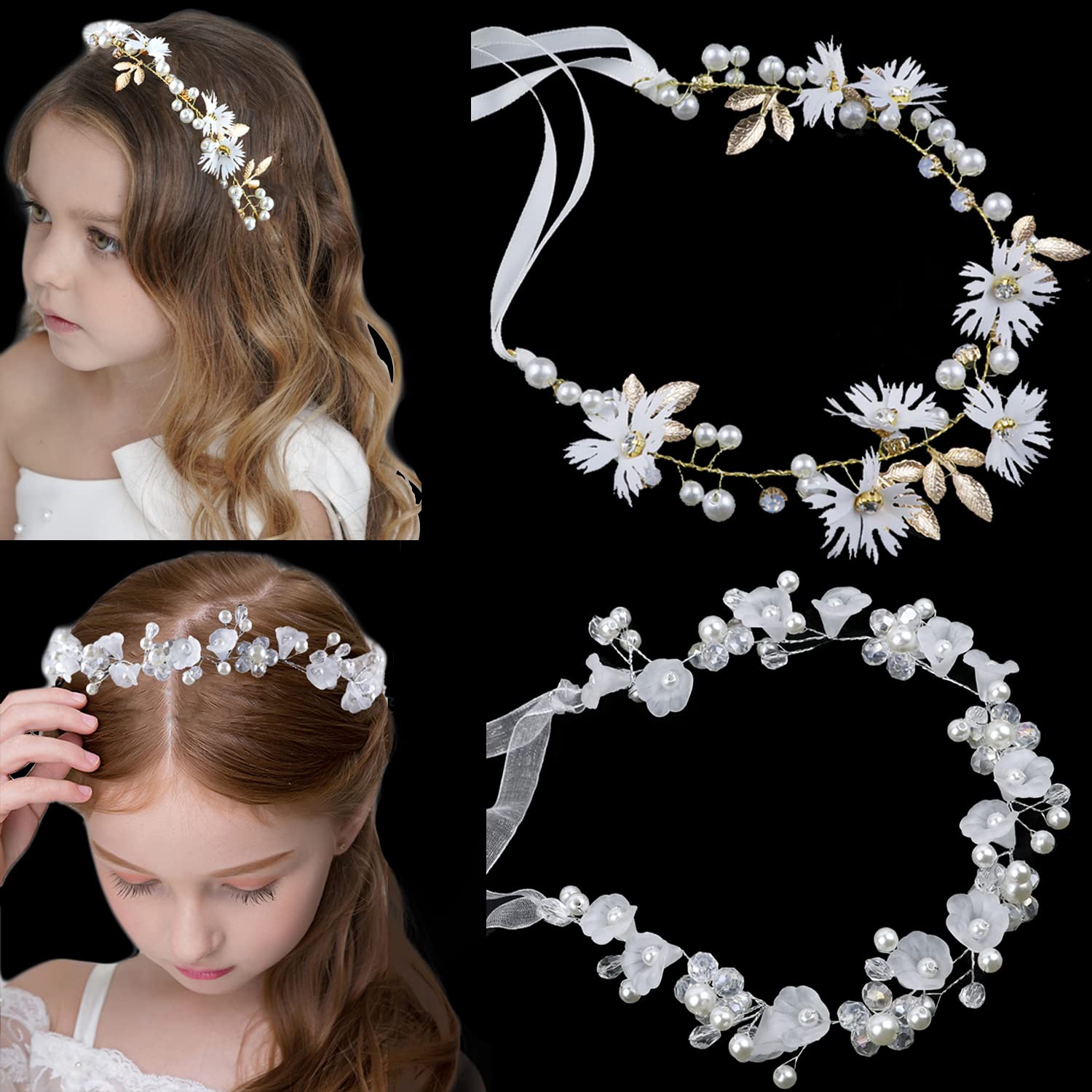 LAPOHI 2 Stück Hochzeit Blume Kopfschmuck für Mädchen, Blume Stirnband Fee Perle Blume Krone für Mädchen Braut Kristall Blume Tiara für Frauen Hochzeit