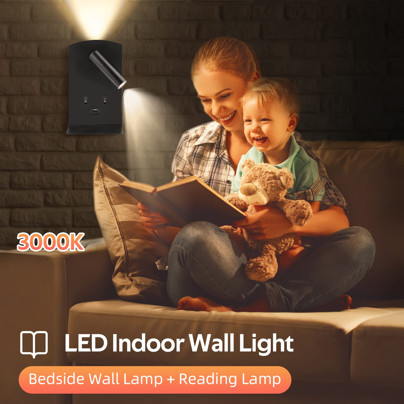 2Pcs Applique LED da Parete Interno, Applique da Parete LED con interruttore e ricarica USB, 12W Luce Caldo 3000k Luce da Lettura Comodino, Lampada LED Moderno per Camera da letto Soggiorno Bagno (D)
