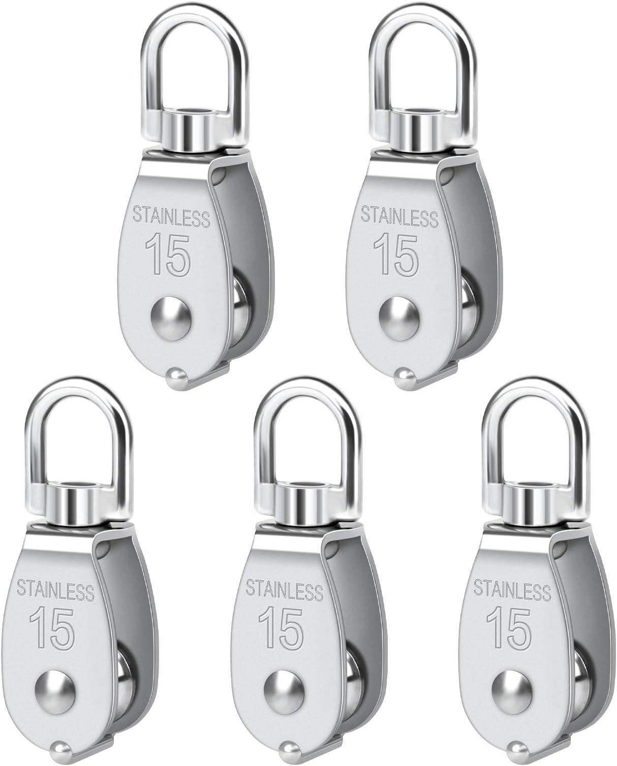 5 Pack M15 Single Pulley Block 304 Stainless Steel Pulley Block Heavy Duty Anti-Rust Durable Prevent Rope From Knotting Loading 35kg/77lbs