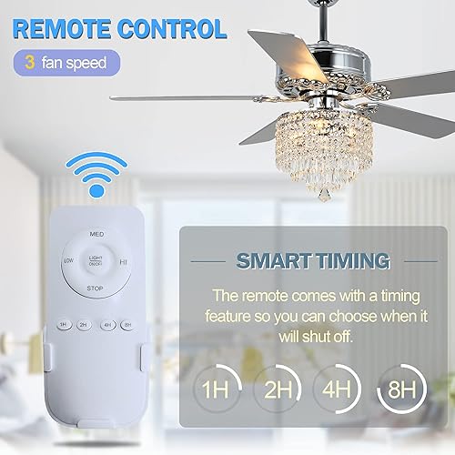 Miniatura 6 de FebFurniture Ventilador de techo de cristal de 52 pulgadas con luces y control remoto, moderno ventilador de techo con aspas reversibles, motor