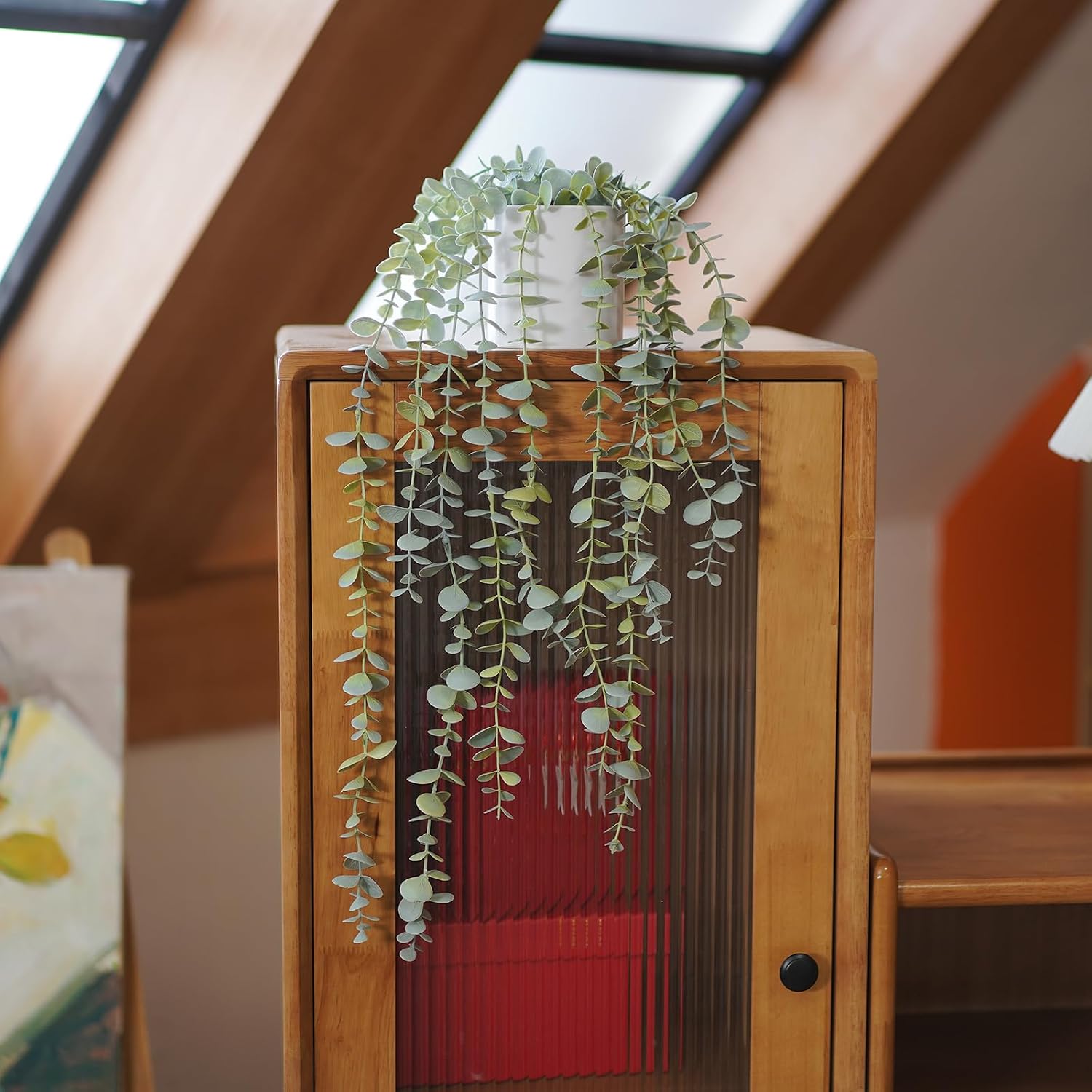 Faux Ivy Eucalyptus Vine Fake Hanging Plants in White Pot, Medium | Decorative Hanging Plants, Fake Greenery, For Shelf