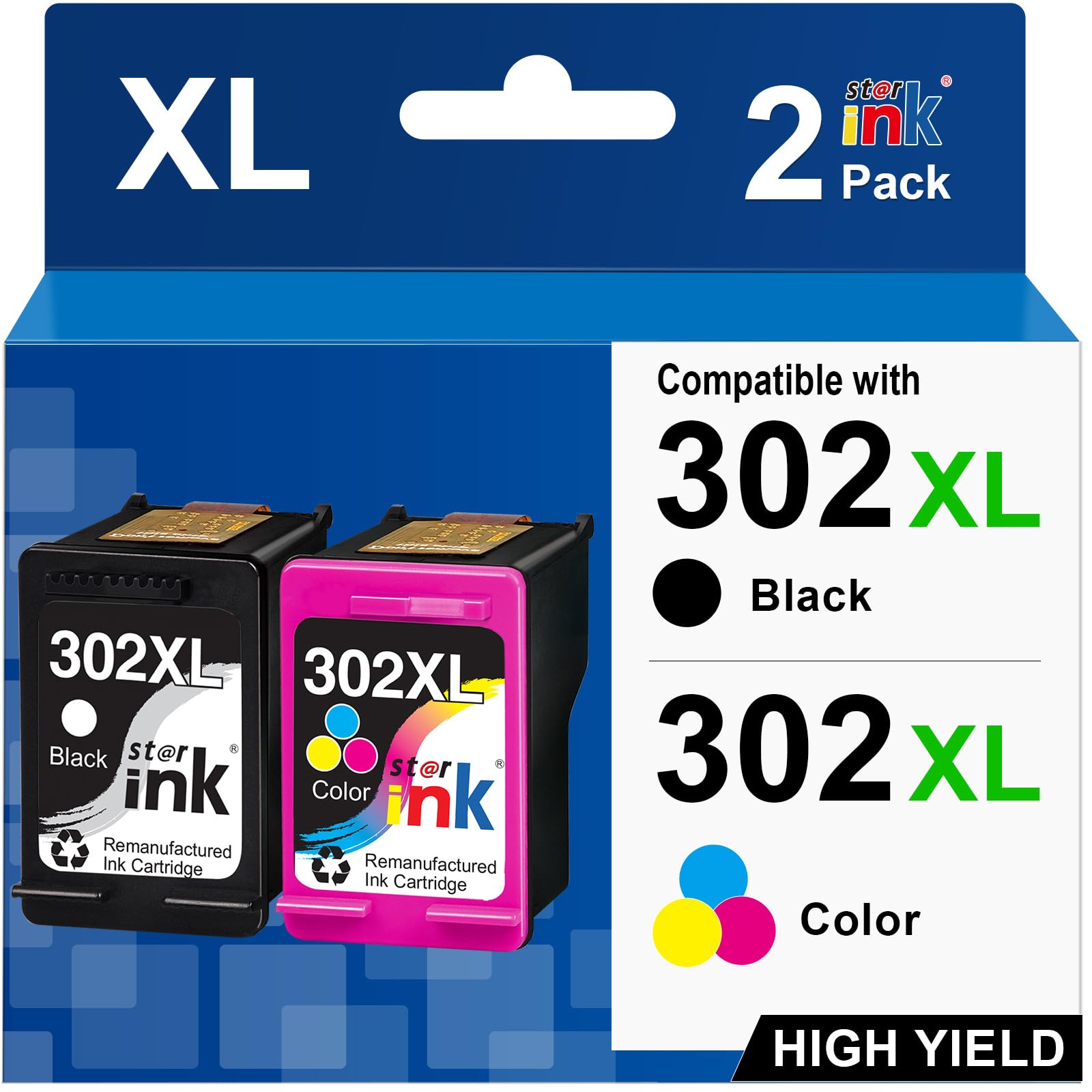 Starink 302XL Kompatibel für HP 302 Druckerpatronen,Hp 302 XL Multipack für HP Envy 4525 4520 4524 4527,HP Officejet 3830 4658 3831 3833 3834,HP Deskjet 3630 3636 3633,(1 Schwarz, 1 Farbe)