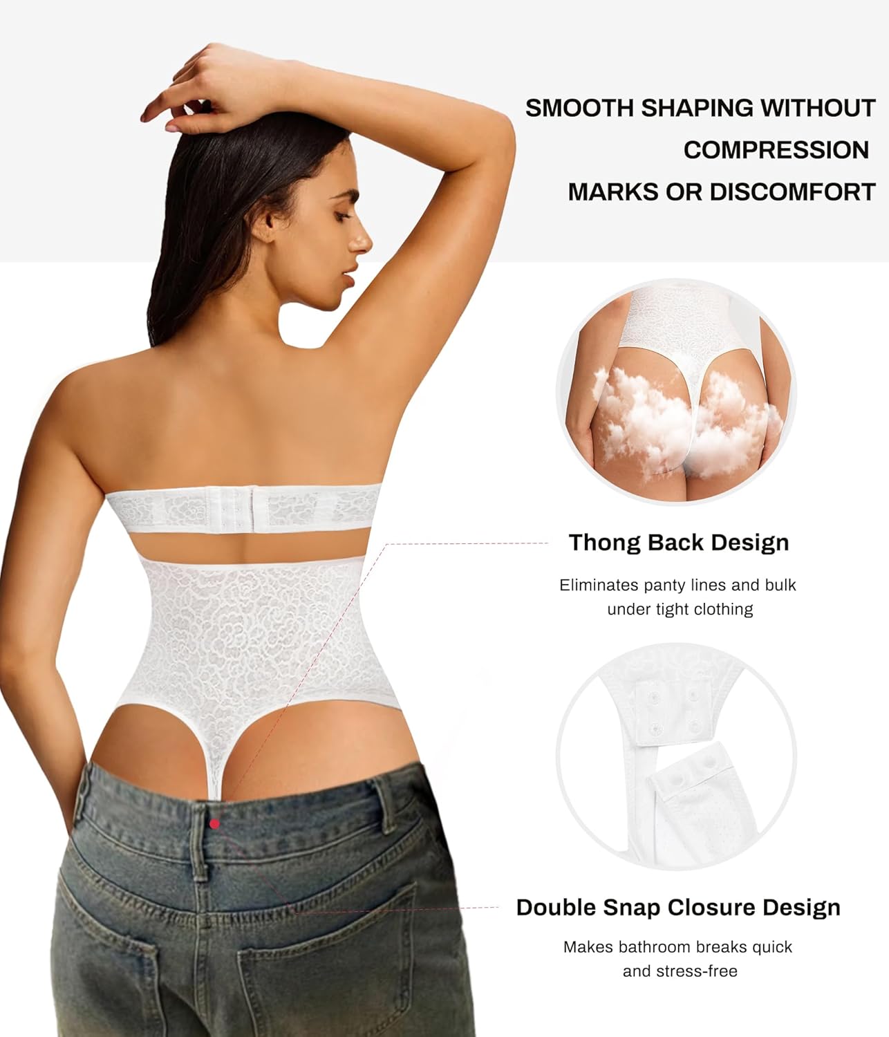 Nebility Strapless Shapewear Bodysuit for Women - Thong Body Suits Tummy Control Body Shaper Underwire Lace Corset Tube Top
