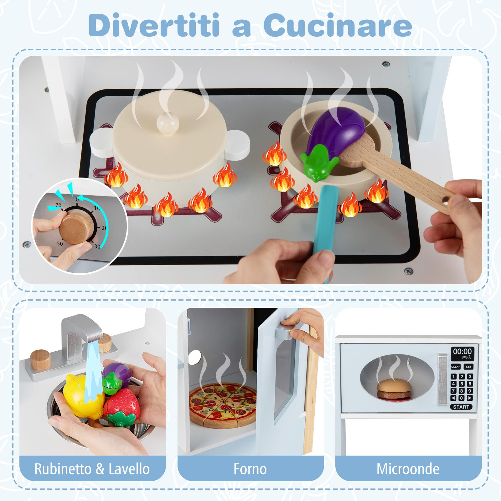 COSTWAY Cucina Giocattolo in Legno per Bambini, Set Cucina Gioco con Lavagna e Accessori Completi, Gioco di Finzione per Bambini 3+ Anni, 61,5 x 26 x 85 cm