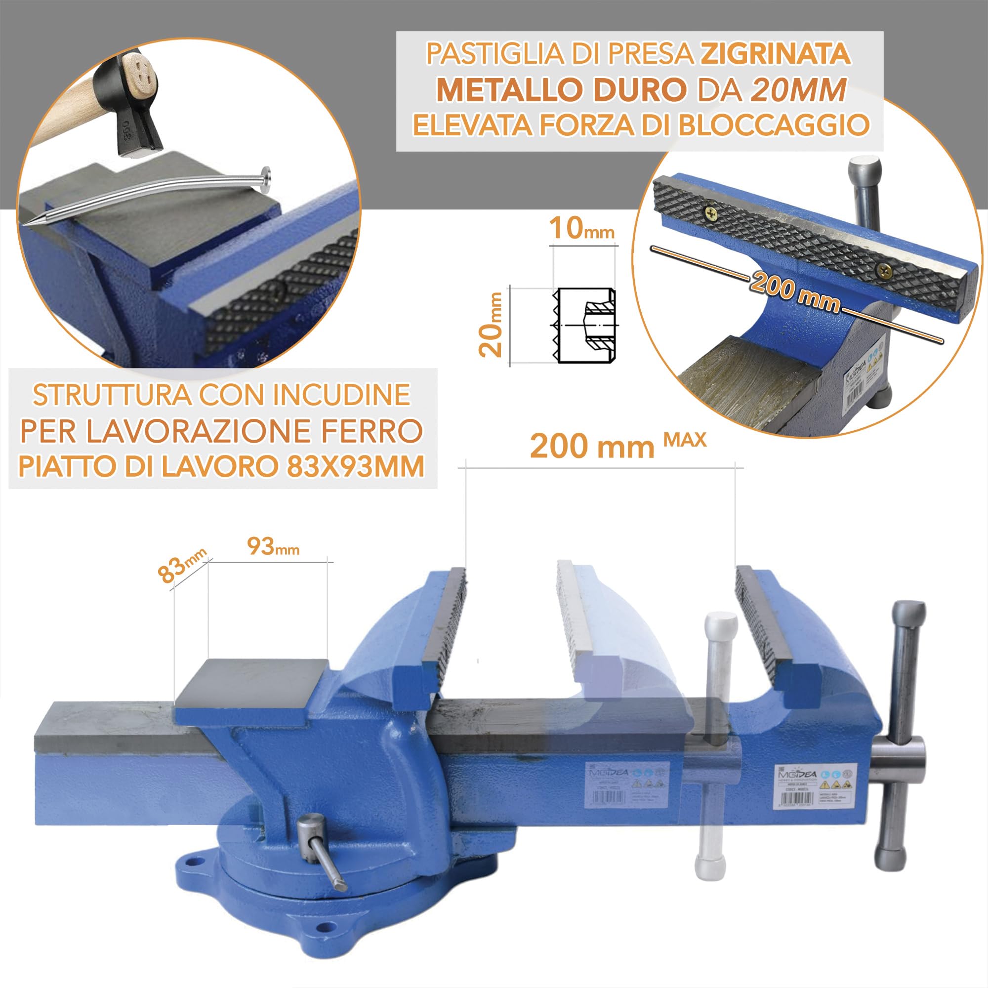 Morsa da banco lavoro 200 mm incudine ganascia mandrino manovella tubi attrezzo officina garage