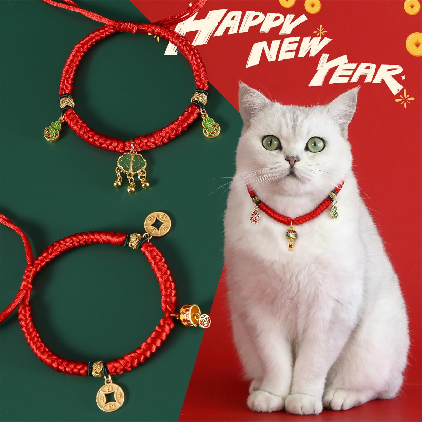 mioosho 3pcs New Years Pet Rope Buckles Regulable Blessing Chinese Knots Pendants for Dog and Cats
