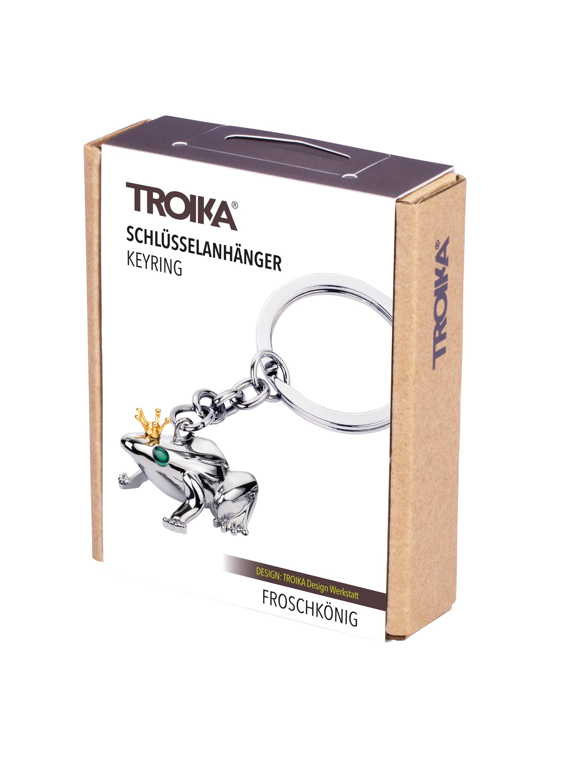 TROIKA Breloczek do kluczy z żabą z koroną – FROSCHKÖNIG – odlew metalowy – chromowany – srebrny, złoty, zielony – oryginalny, srebrny, 7,8 x 3,5 x 2 cm