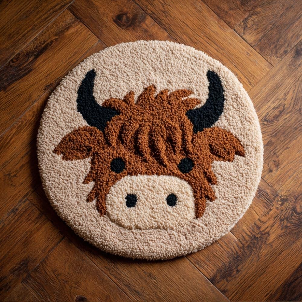 kitphoenix DIY Latch Hook Rug Kits Highland Cattle Easy for Beginners Round Carpet Crochet Yarn Craft Large Rug Hook and Latch Tapestry for Home Decor 50X50Cm