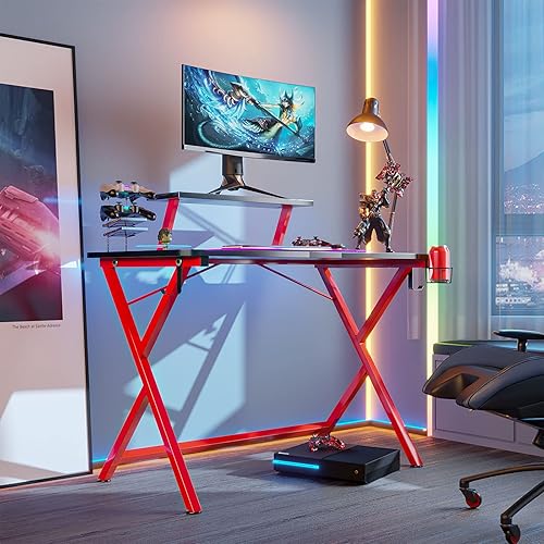 Miniatura 4 de Escritorio para juegos escritorio de computadora de fibra de carbono de 44 pulgadas con diseño de doble capa mesa de juegos para oficina en casa con