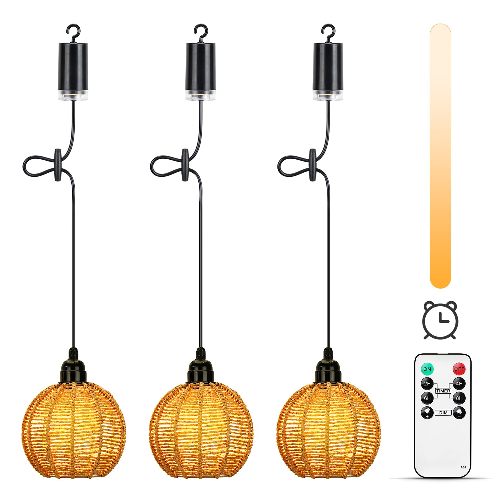 Lightess 3 Pcs Battery Operated Pendant Ceiling Light Outdoor Hanging Chandelier Indoor Dimmable Battery Operated Light Bulb Portable Rattan Lamp IP44 with Remote Control Timer for Porch Backyard