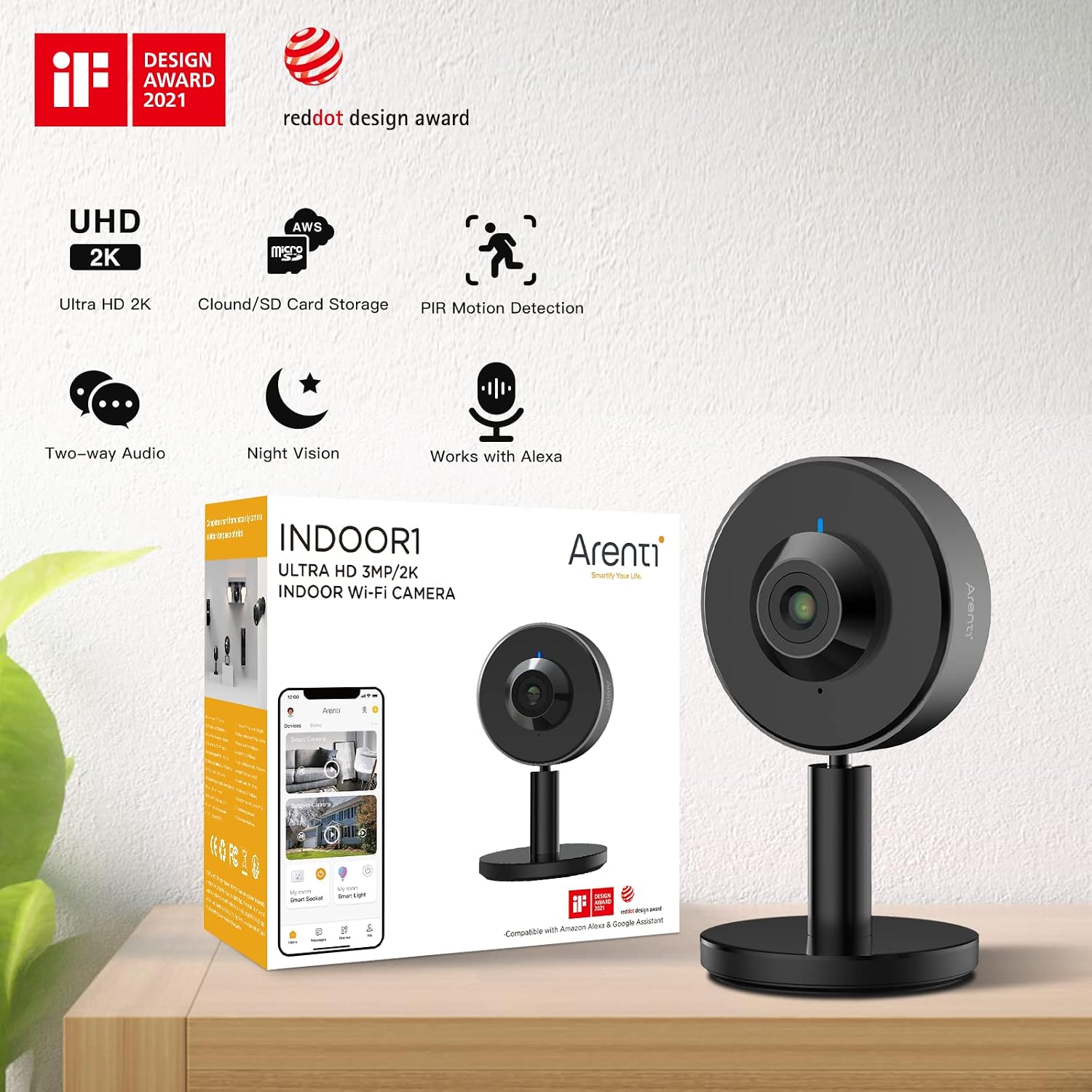 ARENTI Indoor Security Camera INDOOR1, 2K/3MP Ultra HD, 2.4G Wi-Fi, Privacy Mode, Works with Alexa & Google Assistant, AI Powered Human Motion Detection, Sound Detection, Two-Way Audio, Night Vision