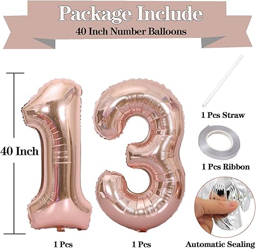 Miniatura 2 de Globos de oro rosa de 40 pulgadas con el número 13, globos grandes de Mylar de aluminio con el número 13 para decoraciones de fiesta de cumpleaños
