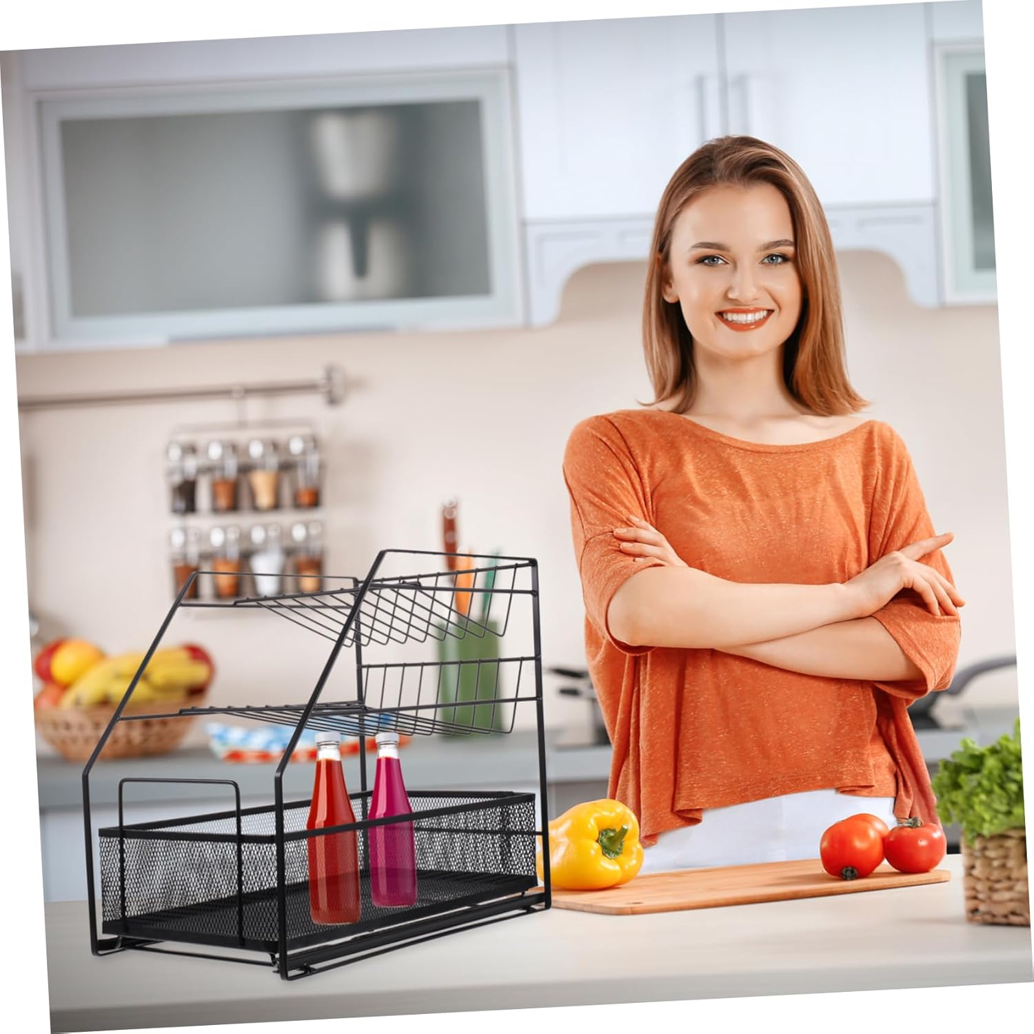 Three-Tier Iron Spice Rack Organizer Adjustable Storage for Kitchen Bathroom and Living Room Sturdy Metal Construction for Seasoning Bottles and Containers