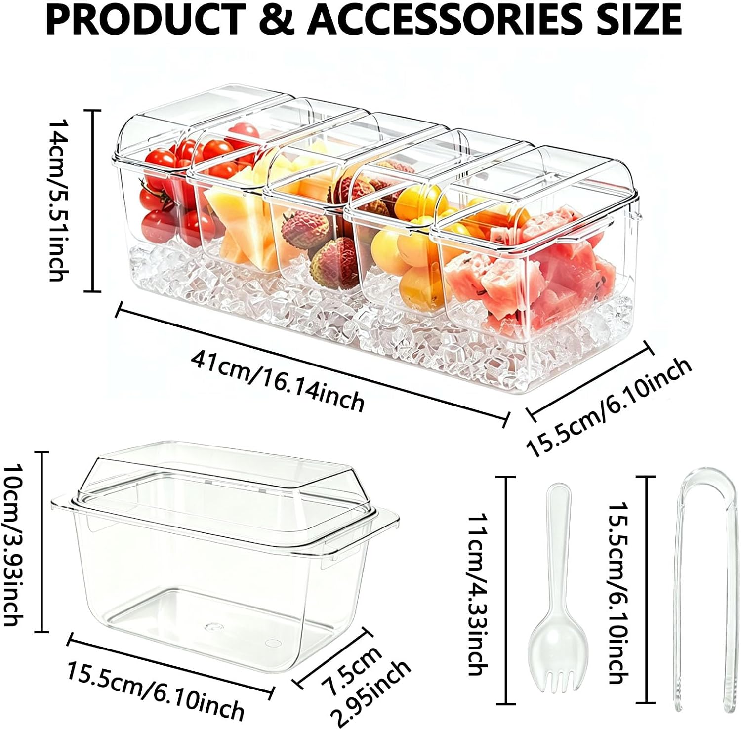 Chilled Condiment Caddy Server Taco Bar Party Serving Set with 5 Containers & Lids for Fruit Salad Snack Food, Ice Garnish Tray Platter for Dirty Soda, Mimosa Bar Supplies