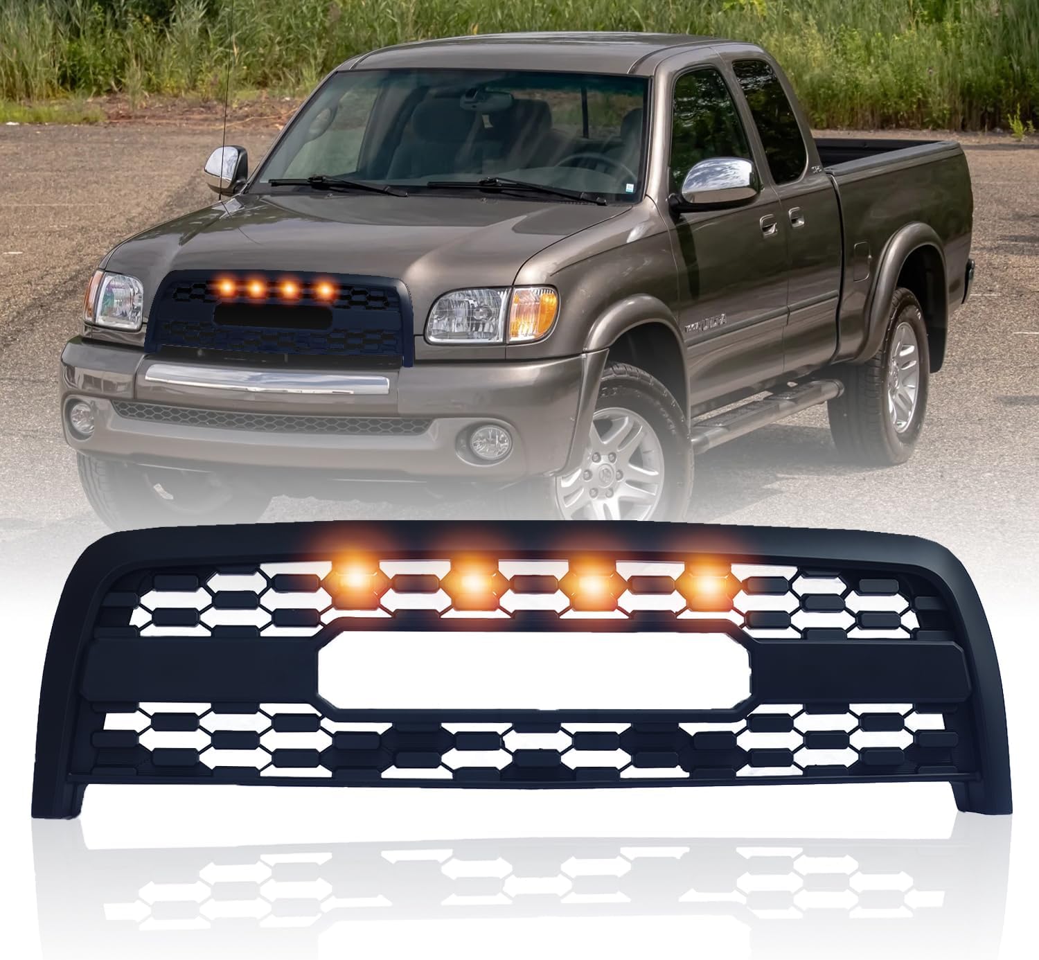 Front Grill for Tundra 2003 2004 2005 2006, Front Mesh Replacement Bumper Honeycomb TRD Style Grille with 4 Amber Led Lights Accessories, Matte Black
