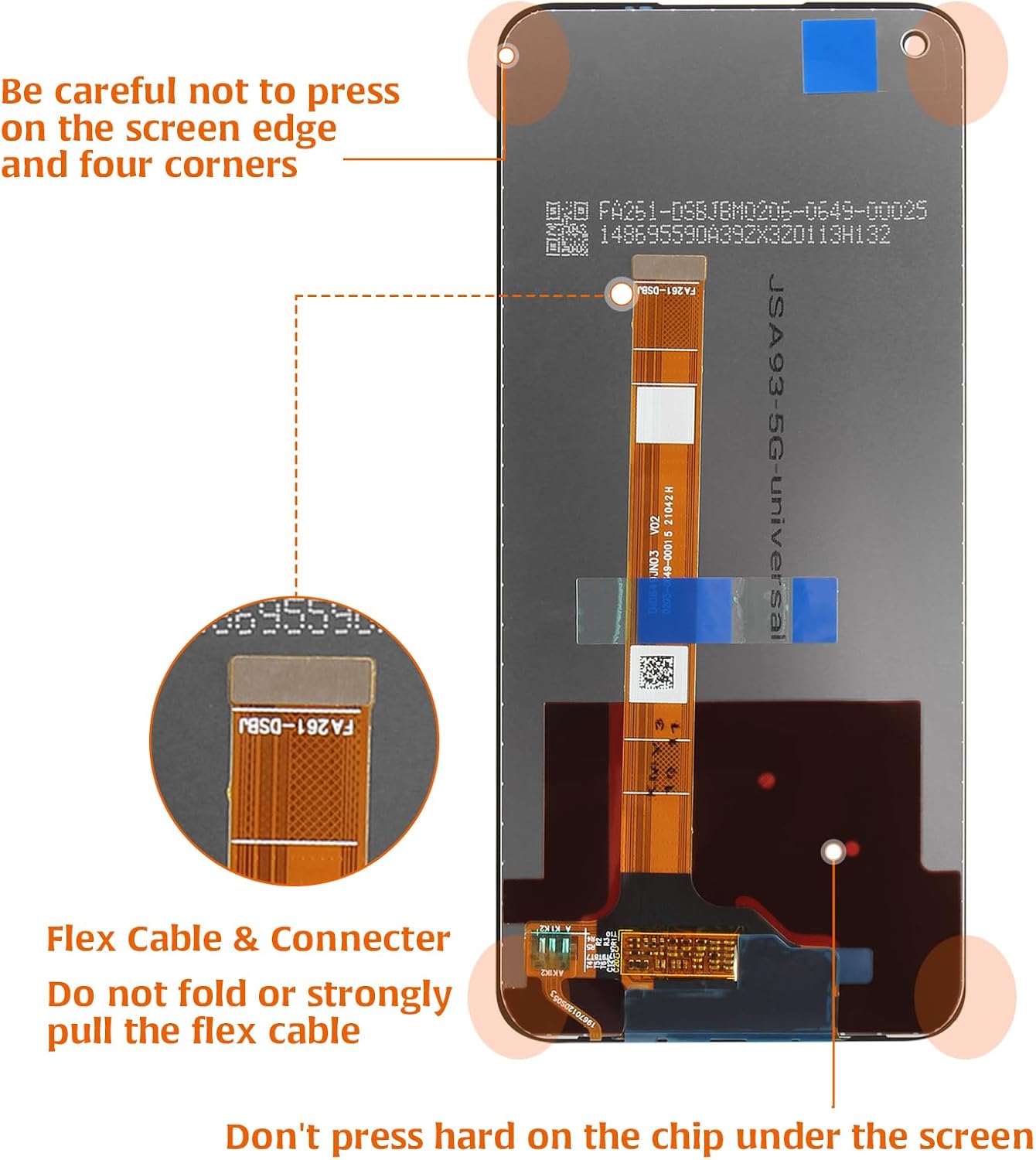 Diagram showing critical areas to avoid pressing on the screen and flex cable warnings.