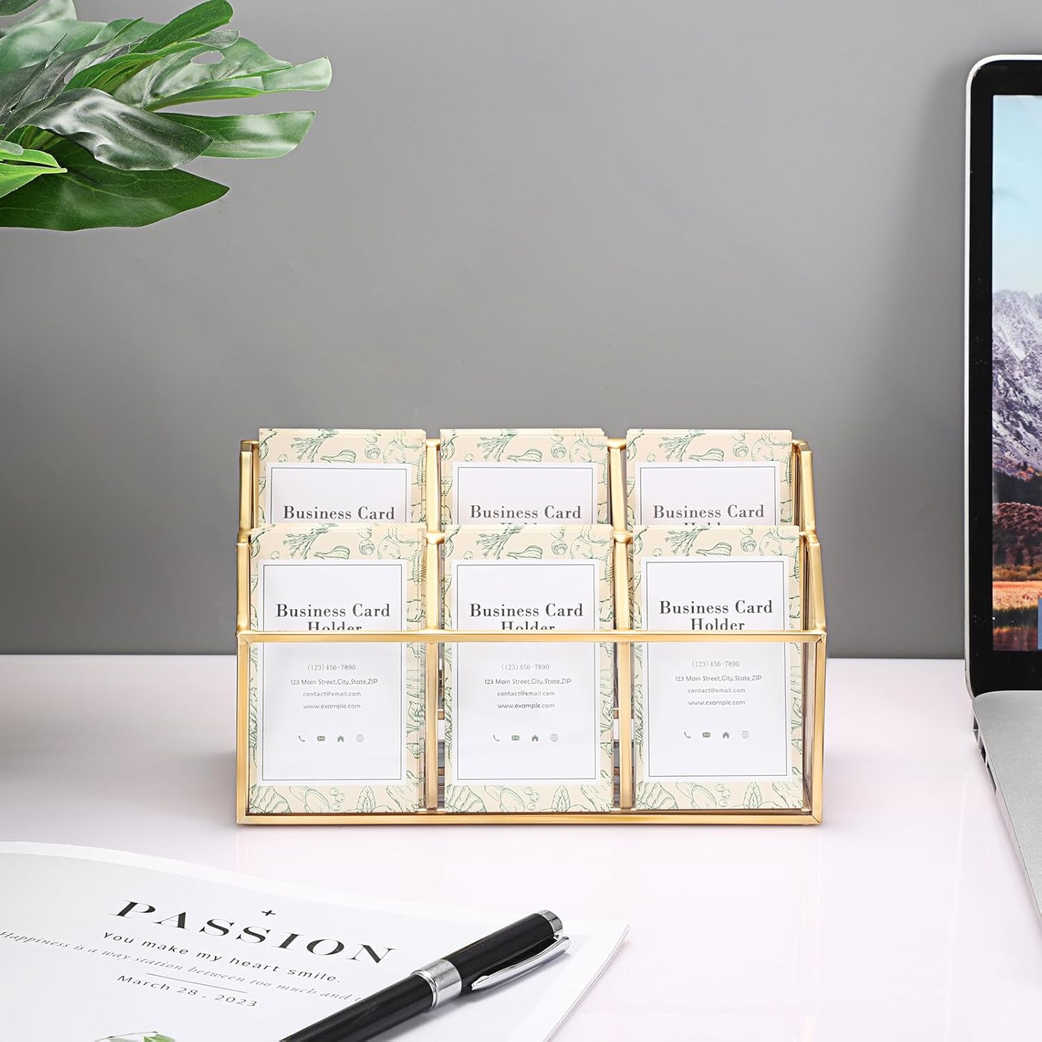 Hipiwe Business Card Display Stand Vertical Gold Name Card Holder with Mirror Metal Glass Desktop Organizer for Office Exhibition, 2 Layers 6 Slots