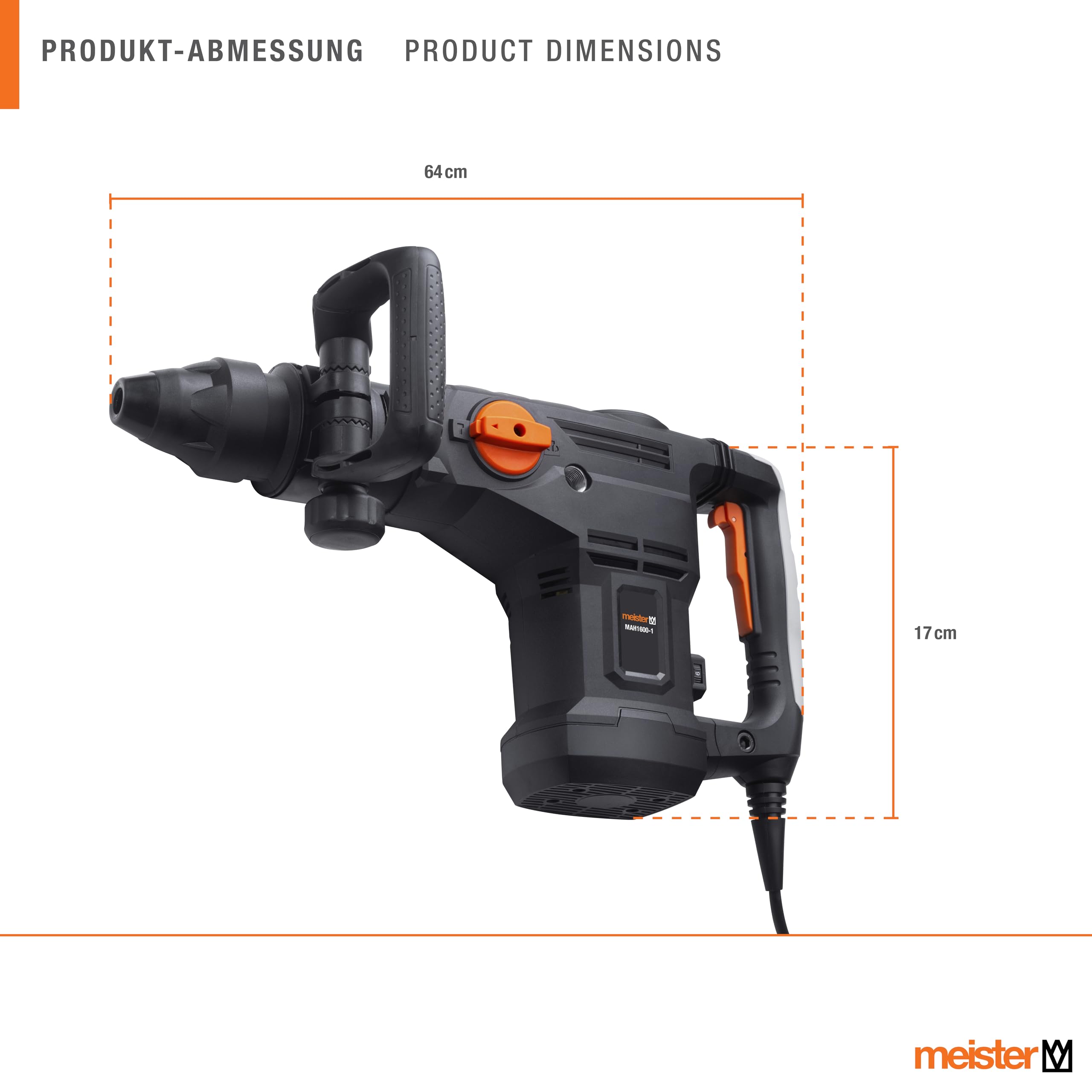 Meister - Martillo de demolición (1600 W, MAH1600-1) - Mandril SDS-Max - Potencia de ataque 25 julios - Mango antivibración - Con cincel plano y puntiagudo/martillo perforador en el maletín/martillo