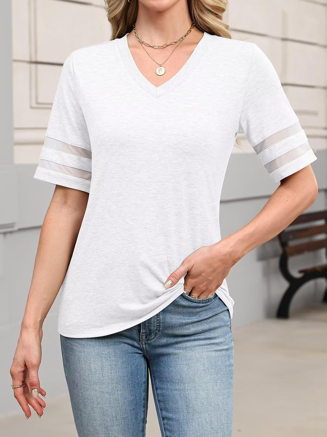 Women's V Neck T Shirts Mesh Panel Short Sleeve Tops Casual Summer Tees - Image 2