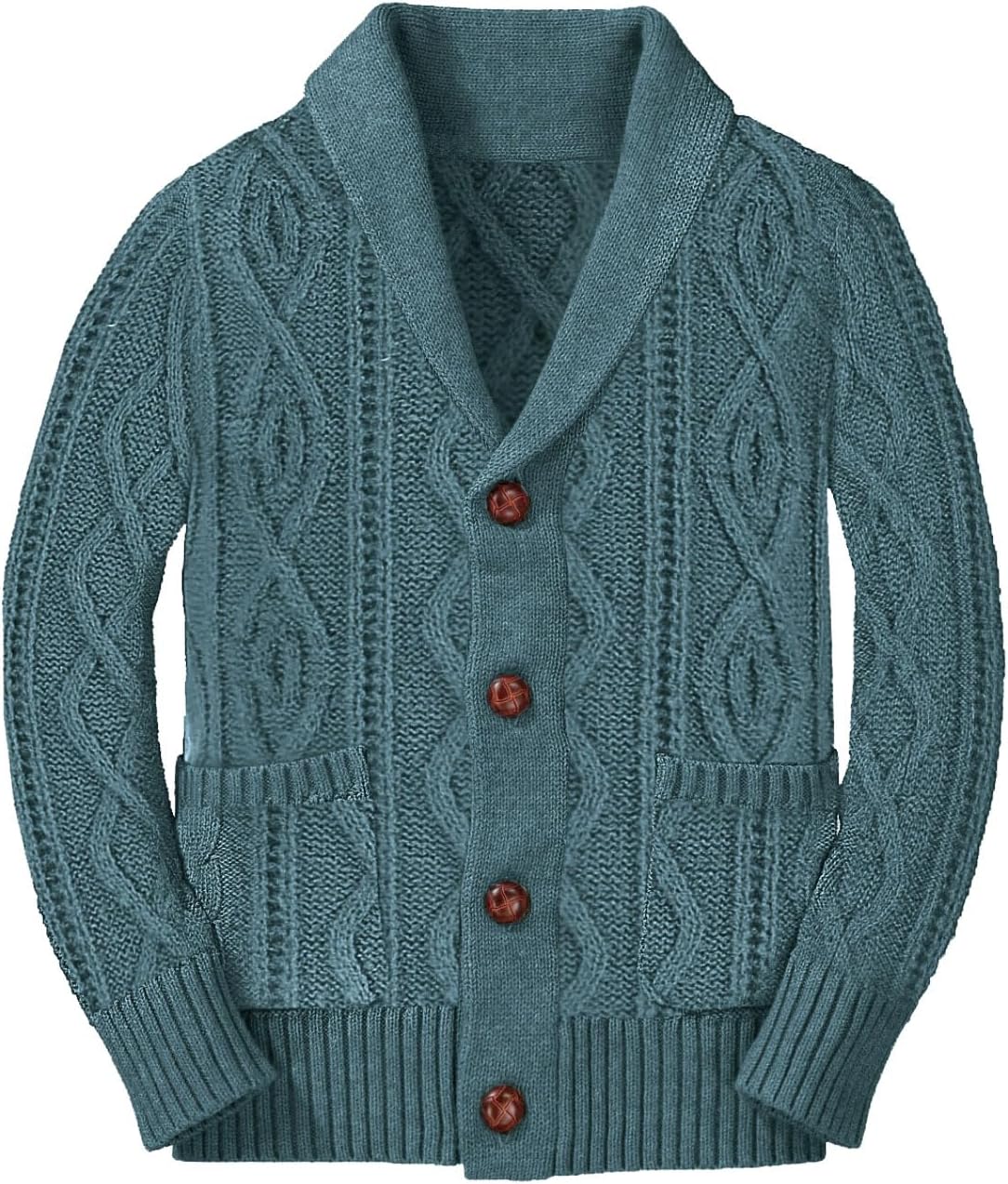 Boy's Sweater Cardigan Button Down Shawl Collar Cable Knitted Outwear Long Sleeve Sweater Coats with Pockets