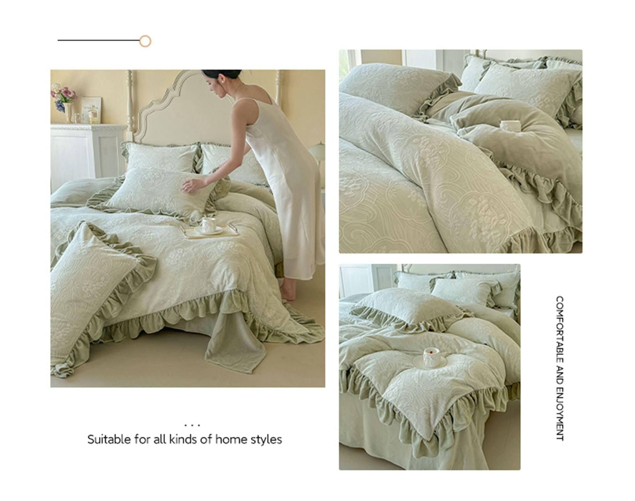 3-częściowy zestaw pościeli na łóżko 135 cm, poszwa na kołdrę 150 x 200 cm, górna część 180 x 230 cm, 1 poszewka na poduszkę, wzór kwiatowy z falbankami, miękki aksamit, zielony