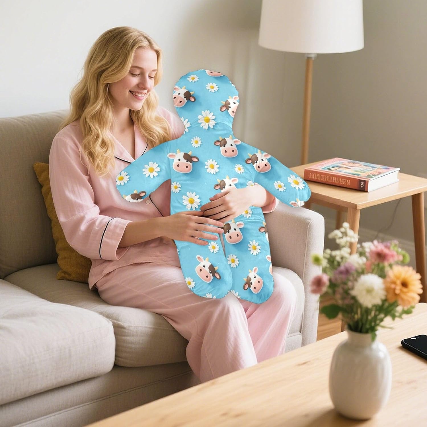 ODAWA Cozy Body Pillow for Stress Relief with Removable Pillowcase, Cute Cow White Daisies Blue Pillow for Lounging 23 x 32 Inch