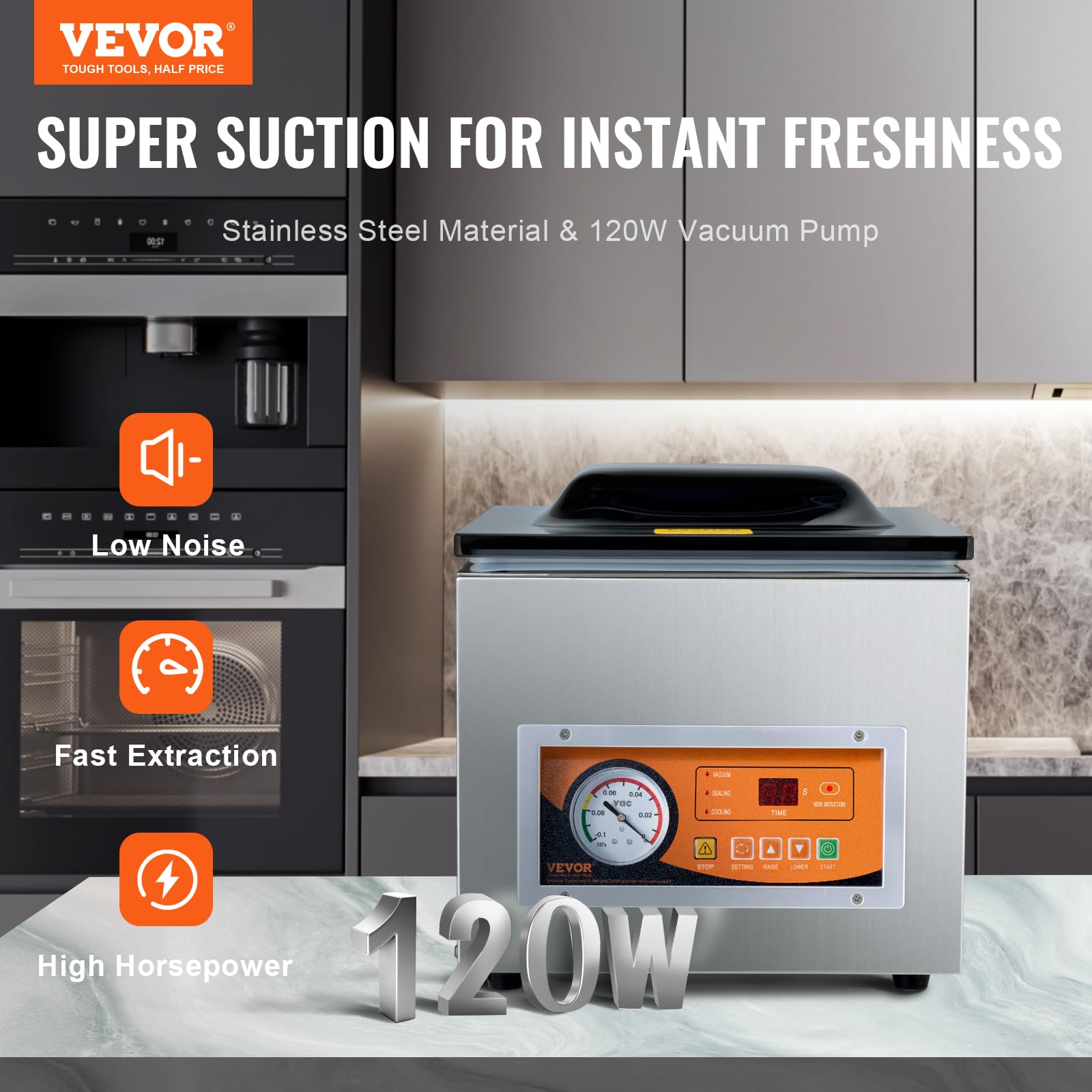 VEVOR Sellador al Vacío de Cámara 260 W Máquina de Envasado al Vacío de Acero inoxidable Tamaño Compacto de 260 mm para Cocina del Hogar Para Uso Comercial Para Alimentos Húmedos, Carnes y Adobos