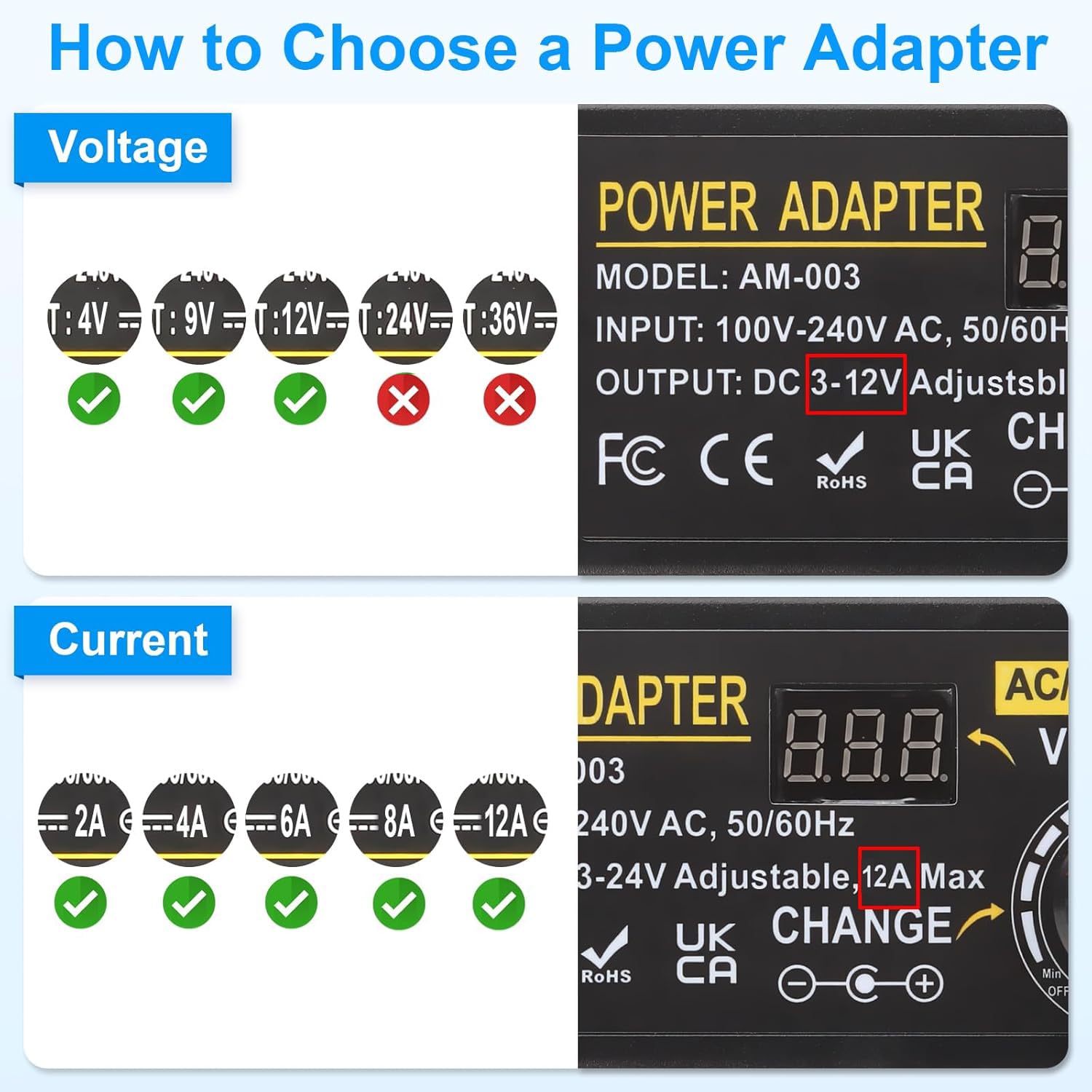 Universal Netzteil 12V 12A, Verstellbarer Netzadapter 3V-12V 144W Einstellbares Netzteil 100V-240V AC to DC 3V 4.5V 5V 6V 7.5V 9V 12V 1A 2A 3A 4A 5A 10A mit 14 DC Steckern