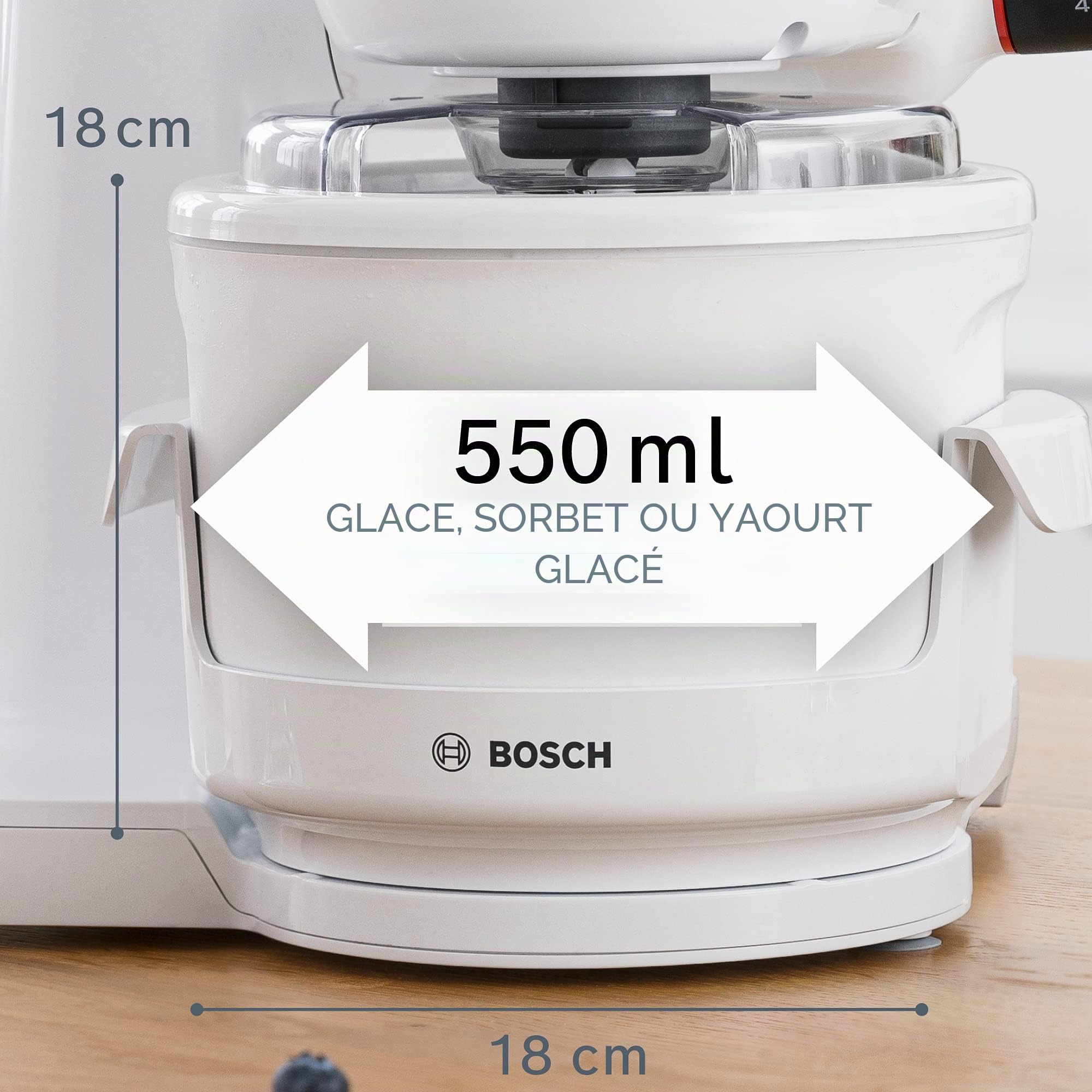 Bosch MUZS2EB, 550 ml, crème glacée faite maison, sorbet et yogourt glacé, blanc, couvercle anti-éclaboussures avec ouverture de remplissage, convient pour robot de cuisine Bosch MUM série 2