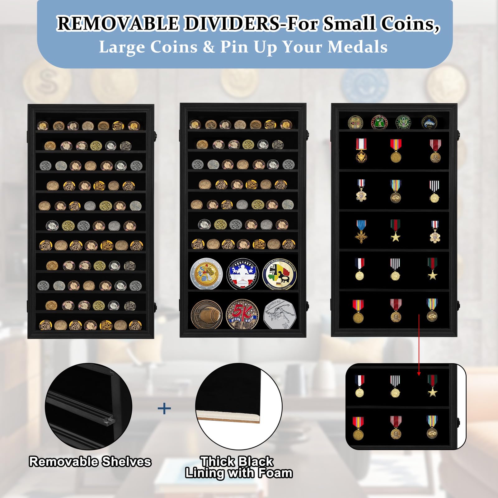 Verani Medaillen-Vitrine – Militärische Herausforderung Münzdisplay Shadow Box – Pin-Vitrine mit herausnehmbaren Regalen und ansteckbarem Hintergrund für Abzeichen, Bänder, Insignia-Knöpfe, Overized | Militärveteranen, Servicemitglieder, Münz- und Nadelsa