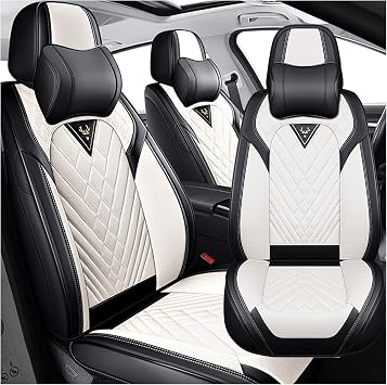 Car Seat Covers for VW Volkswagen 2000-2026, Waterproof Nappa Leather Car Seat Protector, Comfortable and Anti-Slip Car Seat Cover&Accessories2 Seats with Headrests/Black White