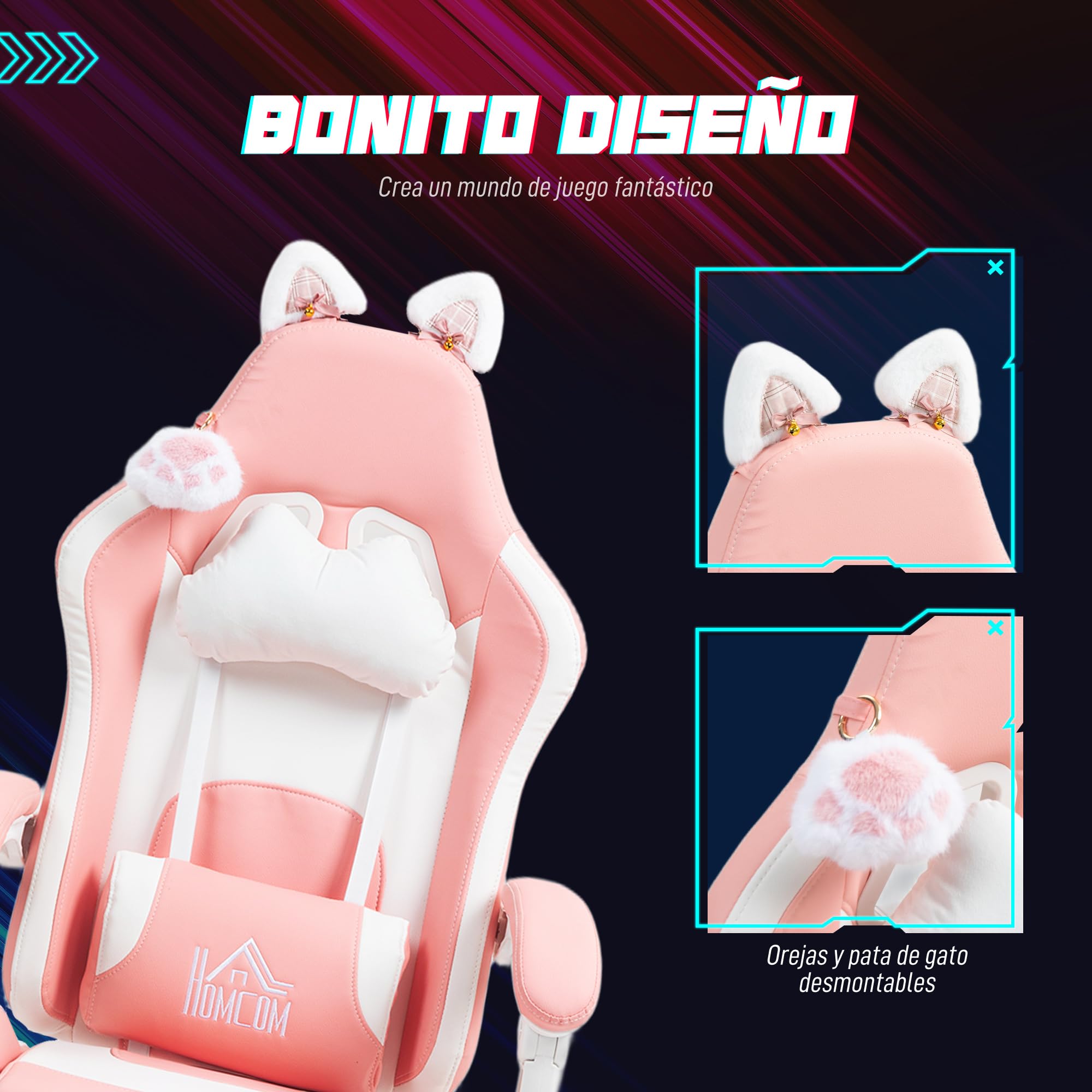 HOMCOM Silla Gaming con Orejas Silla Gamer Reclinable 135° con Altura Ajustable Reposapiés Retráctil Soporte Lumbar Giratorio 360° y Reposacabezas Desmontable Silla para Oficina Estudio Rosa