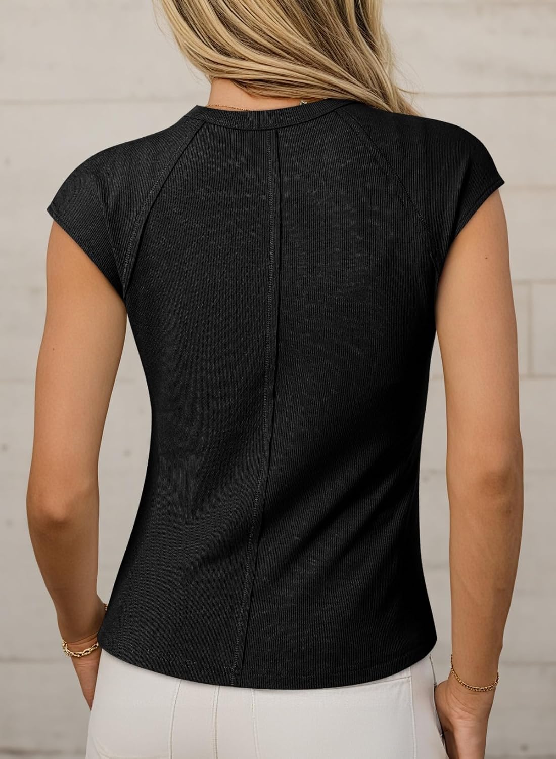 Sidefeel Womens Tops Casual Crewneck Cap Sleeve Tops Ribbed Raw Hem Summer T Shirts Slim Fit Basic Tees Blouses - Image 2