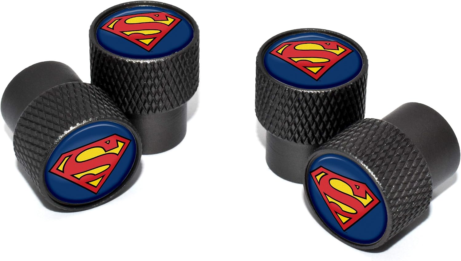 Elektroplate Superman Valve Stem Cap Universal Fit Black Knurling 4-Pack | Officially Licensed DC Comics, Corrosion-Resistant Aluminum, Fits 8 mm Tire Valve for all Vehicles, Vibrant Domed Graphics