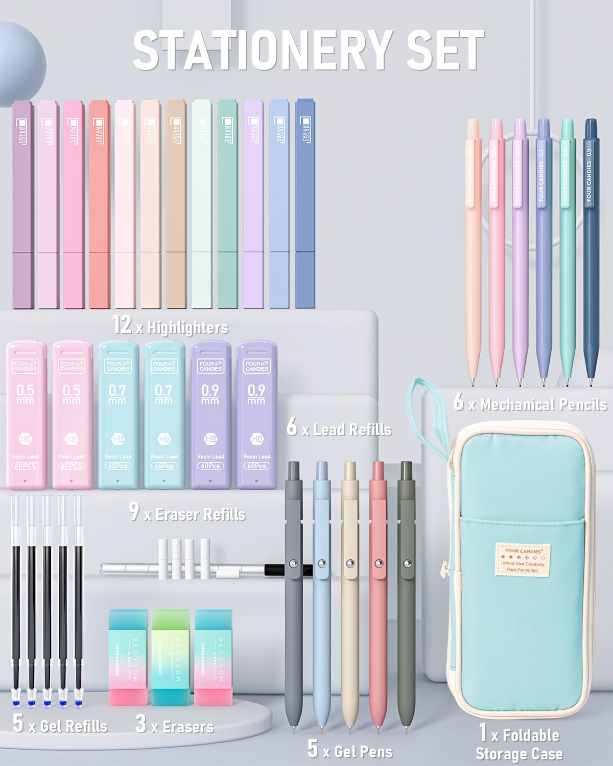 Four Candies Lot de 39 fournitures scolaires esthétiques avec jolie trousse à stylos, 12 surligneurs pastel, 5 stylos à encre gel noire, 6 porte-mines de 0,5 et 0,7 mm pour étudiants (bleu)