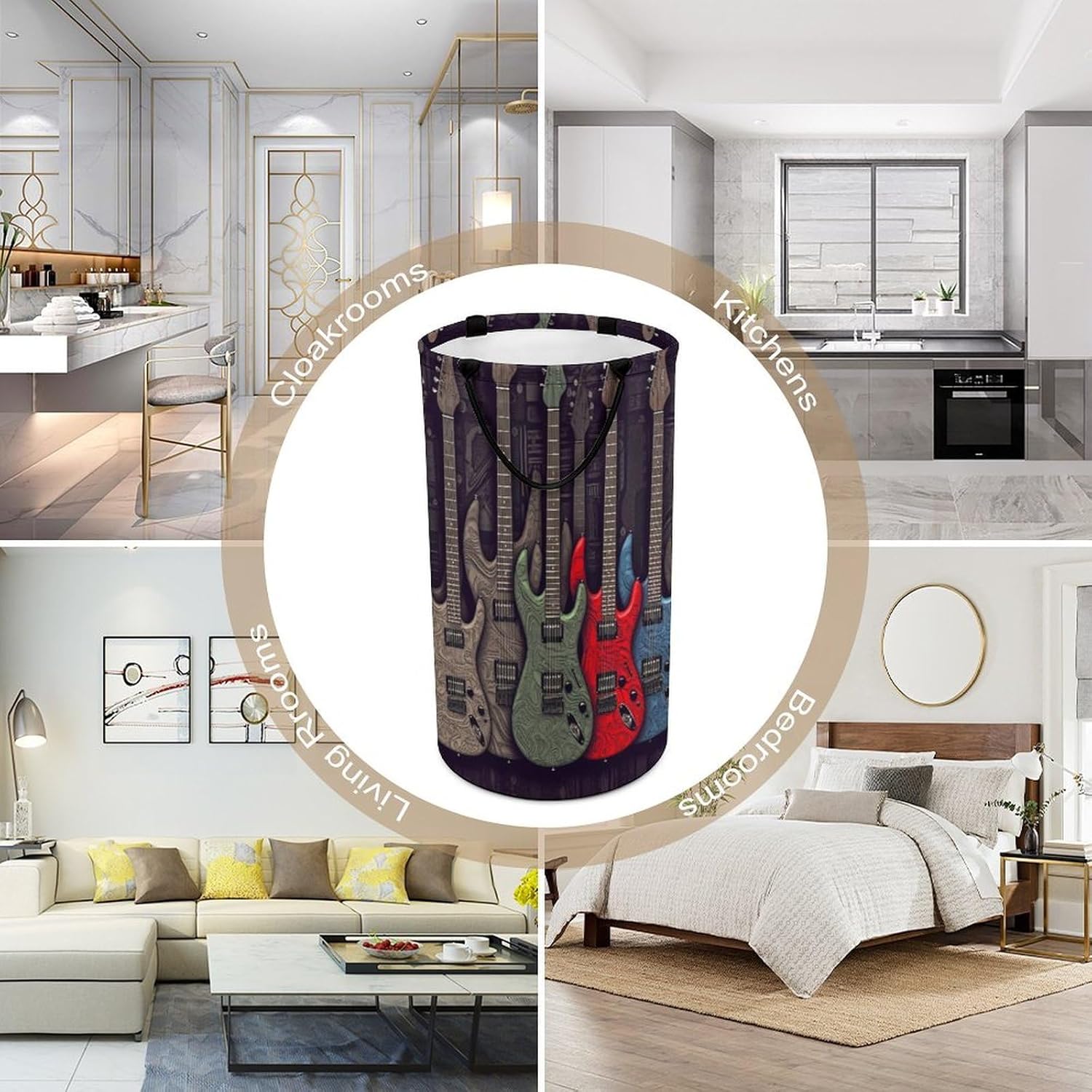 Guitar Pattern Laundry Basket Freestanding Laundry Hamper with Handles Waterproof Dirty Clothes Hamper Collapsible Washing Bin Aesthetic Clothes Basket for Bathroom Bedroom Dorm