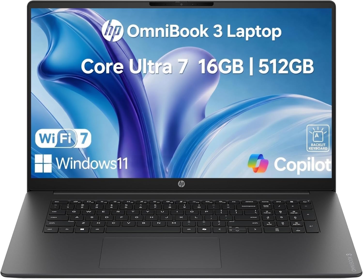 HP OmniBook 3 Business Laptop, 2026 Edition, 17.3" FHD IPS Micro-Edge Display, Intel Core Ultra 7, 16GB DDR5 RAM, 512GB PCIe SSD, Backlit Keyboard, Wi-Fi 7, Thin & Lightweight, Windows 11