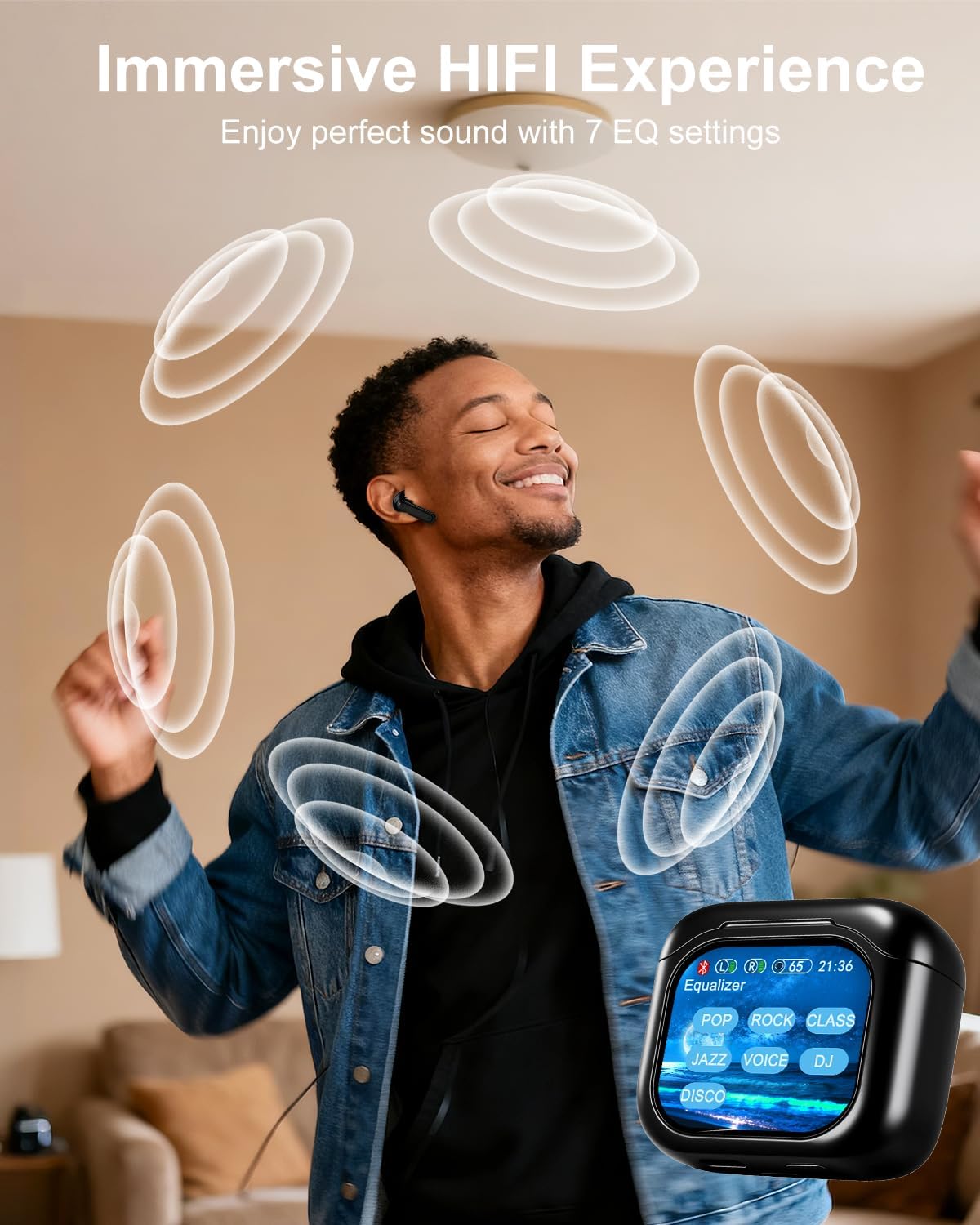 Smart Earphones with Touchscreen, Touch Screen Earbuds, Wireless Headphones Bluetooth 5.4, Touch Buds with LED Screen, ANC/ENC Noise Cancelling, 48H Playtime, for Work, Sport (White) (Black)