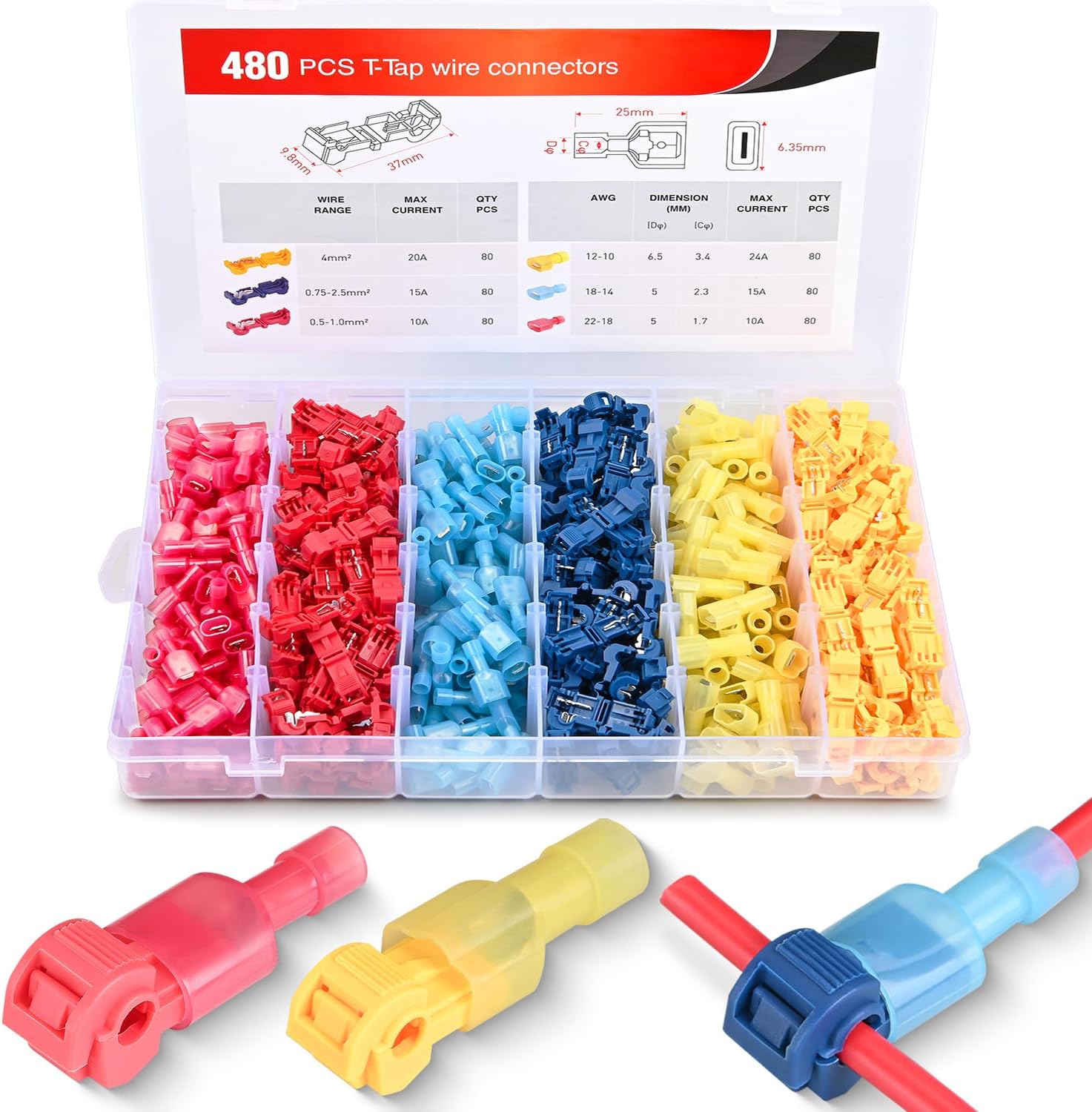 480PCS/80 Pairs T-Tap Wire Connectors Self-Stripping Quick Splice Electrical Wire Terminals Insulated Male Quick Disconnect Spade Terminals Assortment Kit with Storage Case, 2 Years Warranty